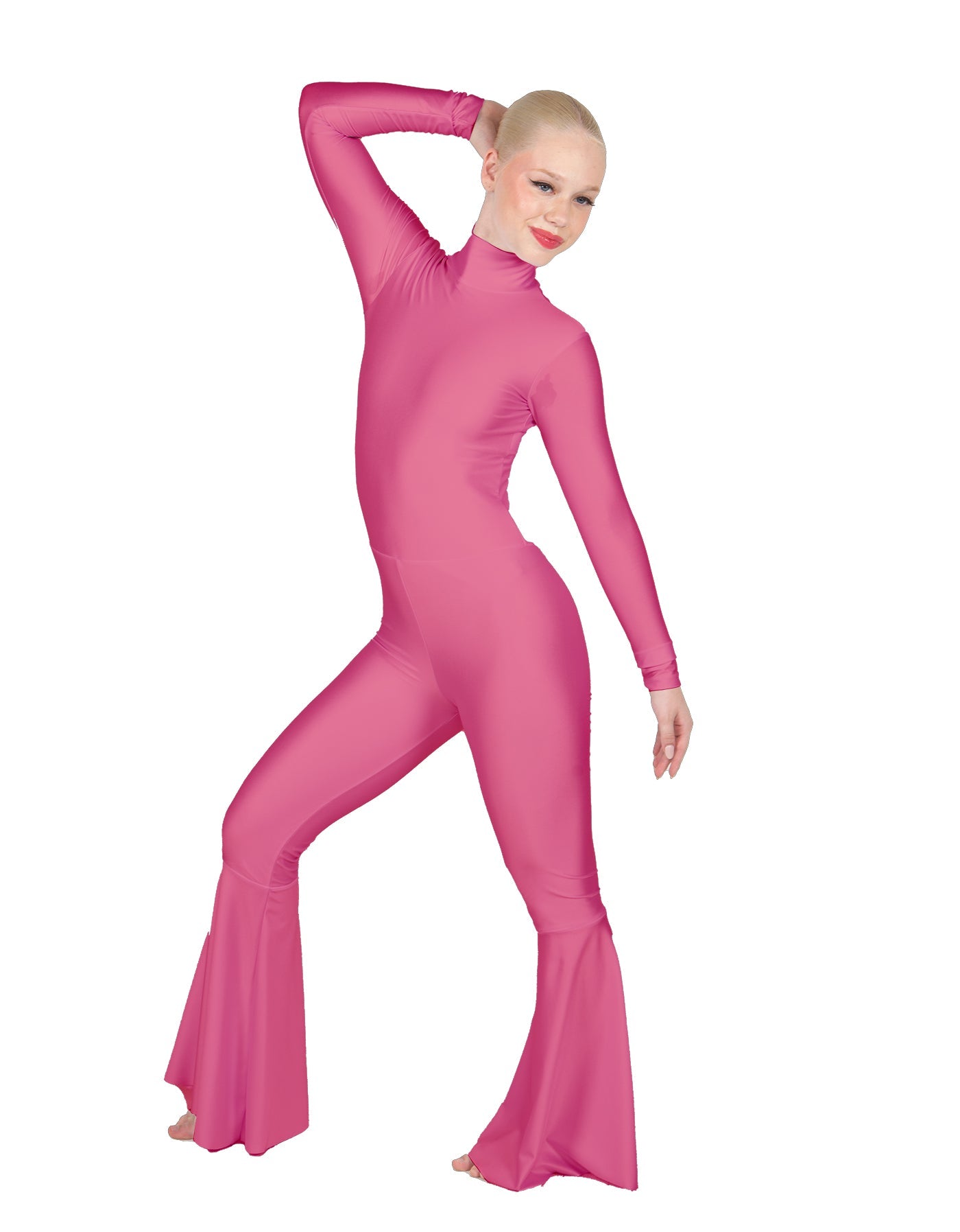 Solid Lycra LS Zipper Back Wide Flare Pant Unitard
