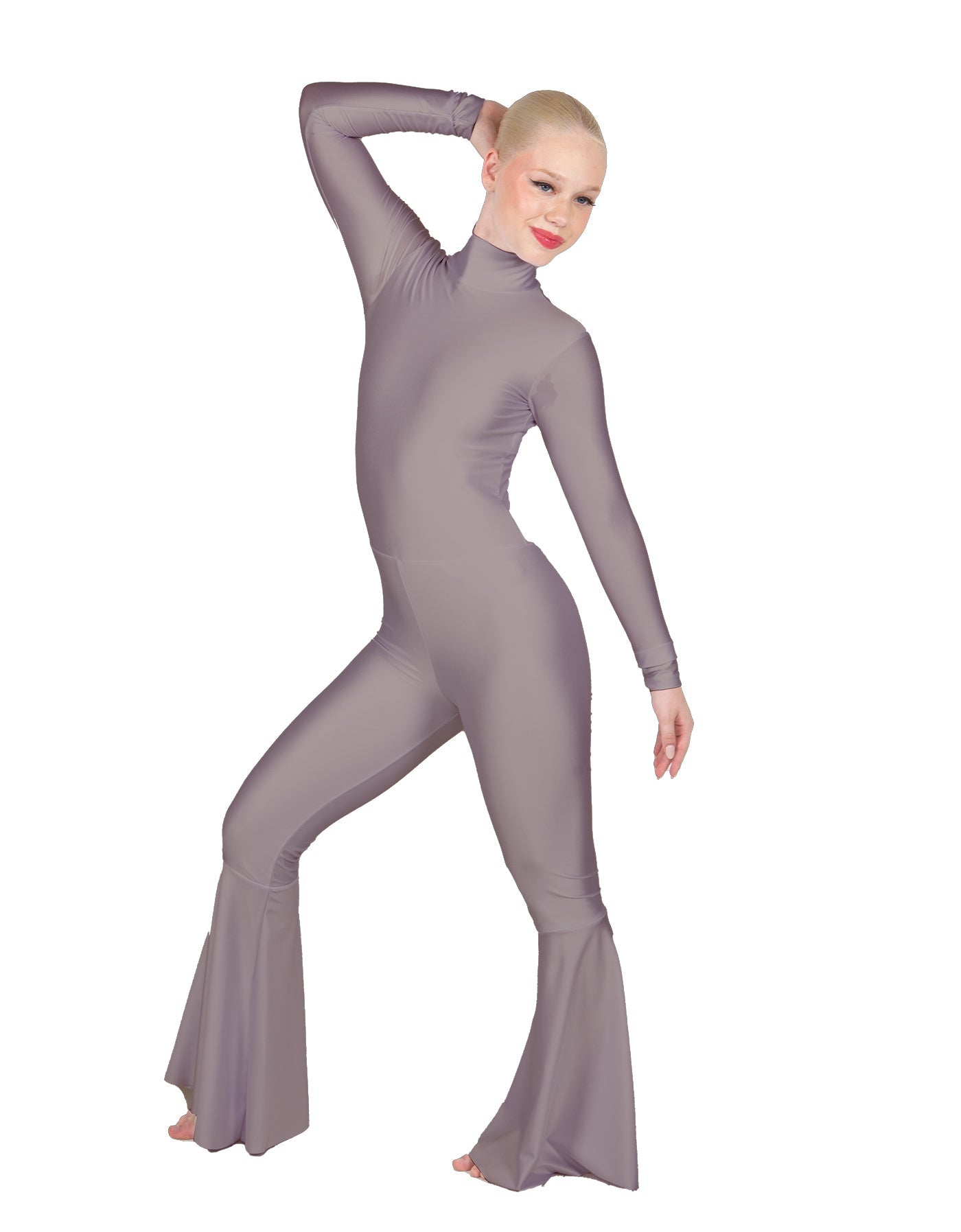 Solid Lycra LS Zipper Back Wide Flare Pant Unitard