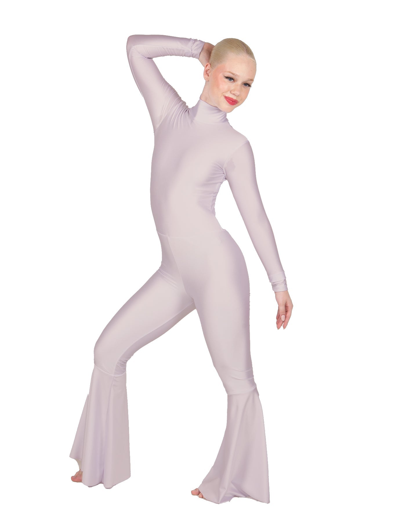 Solid Lycra LS Zipper Back Wide Flare Pant Unitard