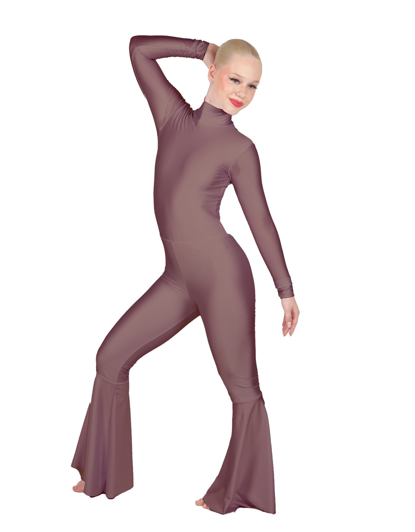 Solid Lycra LS Zipper Back Wide Flare Pant Unitard
