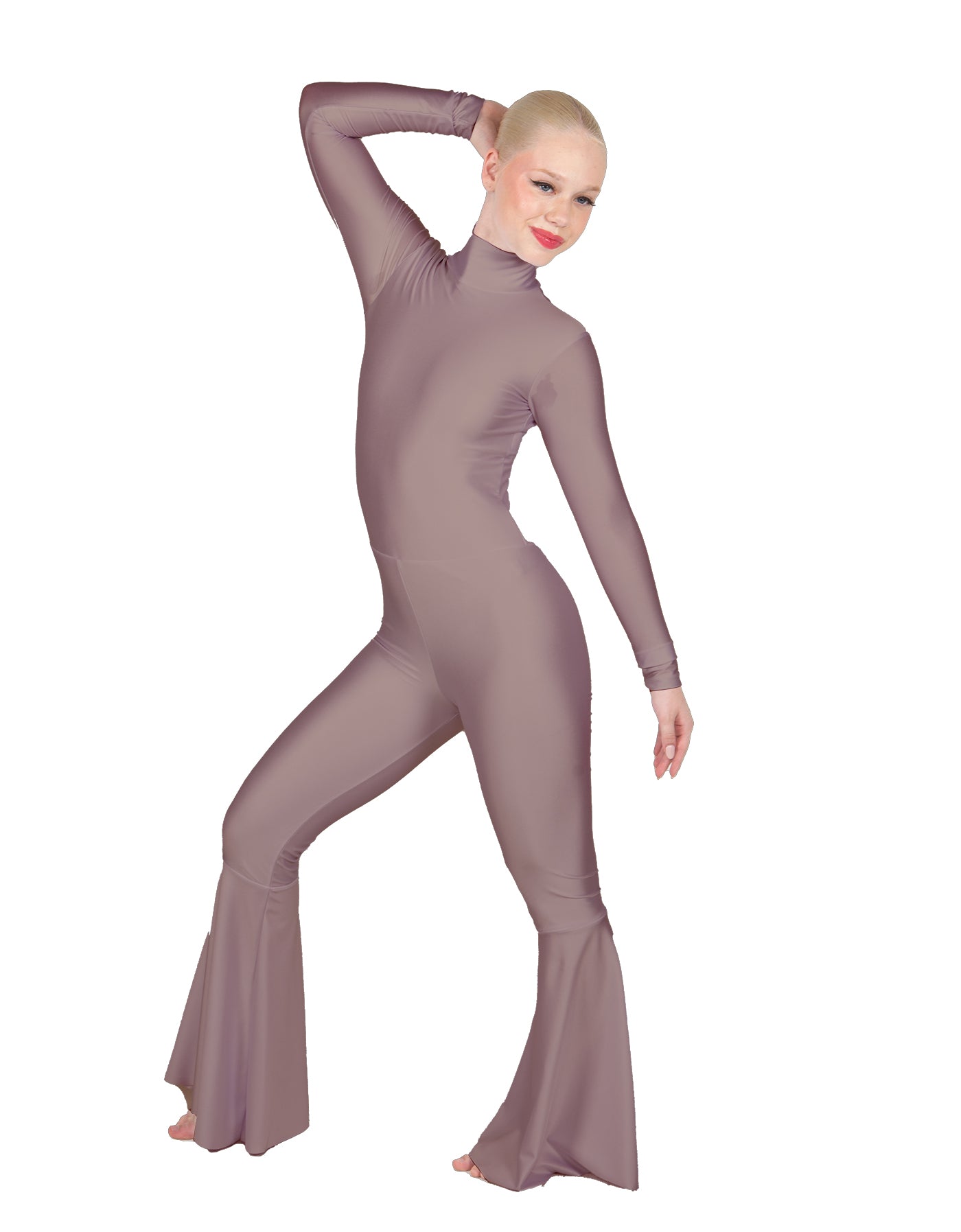 Solid Lycra LS Zipper Back Wide Flare Pant Unitard