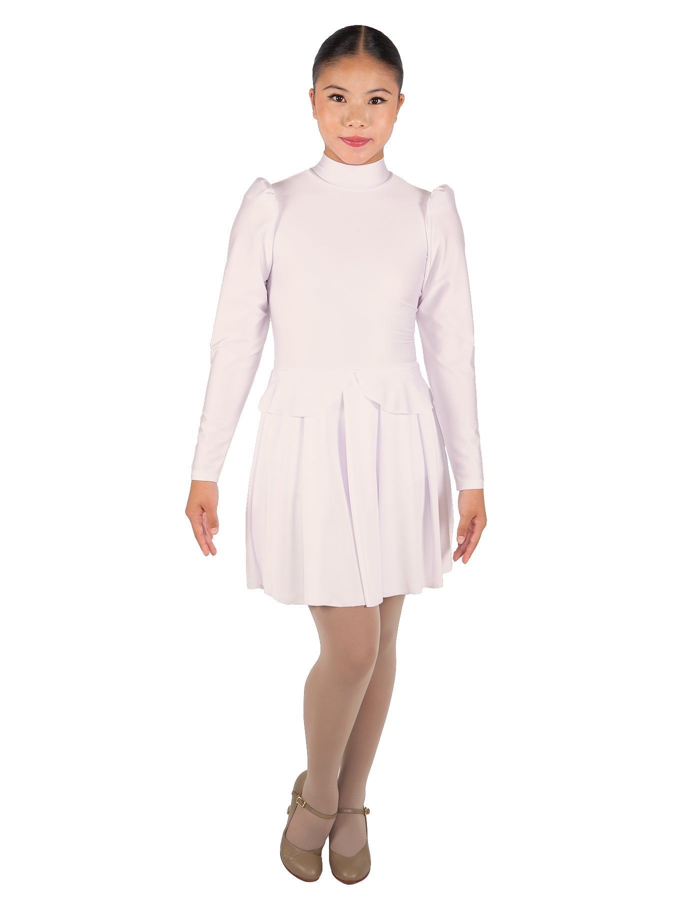 Solid Lycra LS TNeck Leotard with Attached Pleated Skirt and Peplum