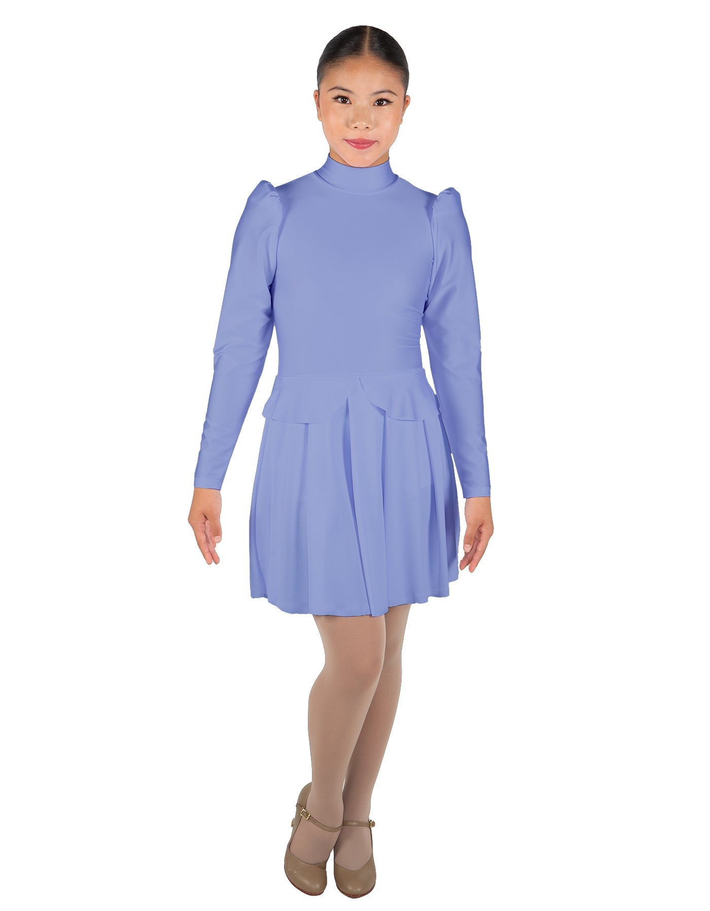 Solid Lycra LS TNeck Leotard with Attached Pleated Skirt and Peplum