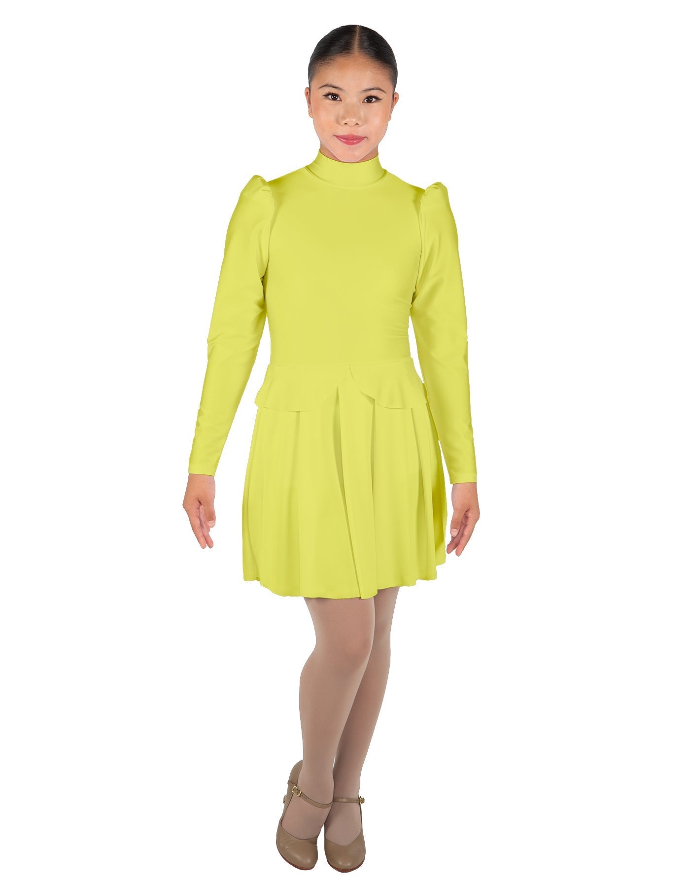 Solid Lycra LS TNeck Leotard with Attached Pleated Skirt and Peplum