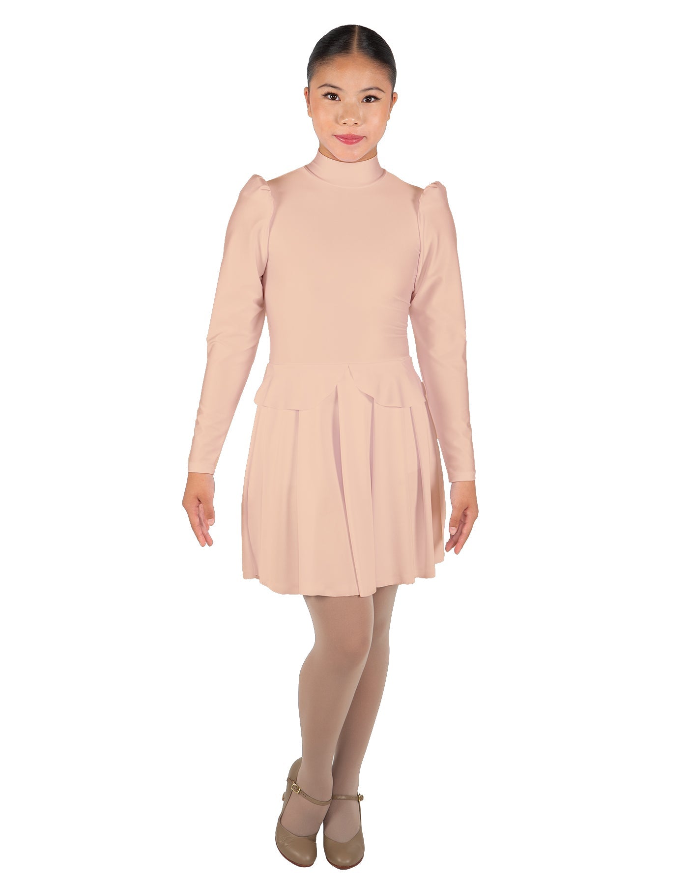 Solid Lycra LS TNeck Leotard with Attached Pleated Skirt and Peplum