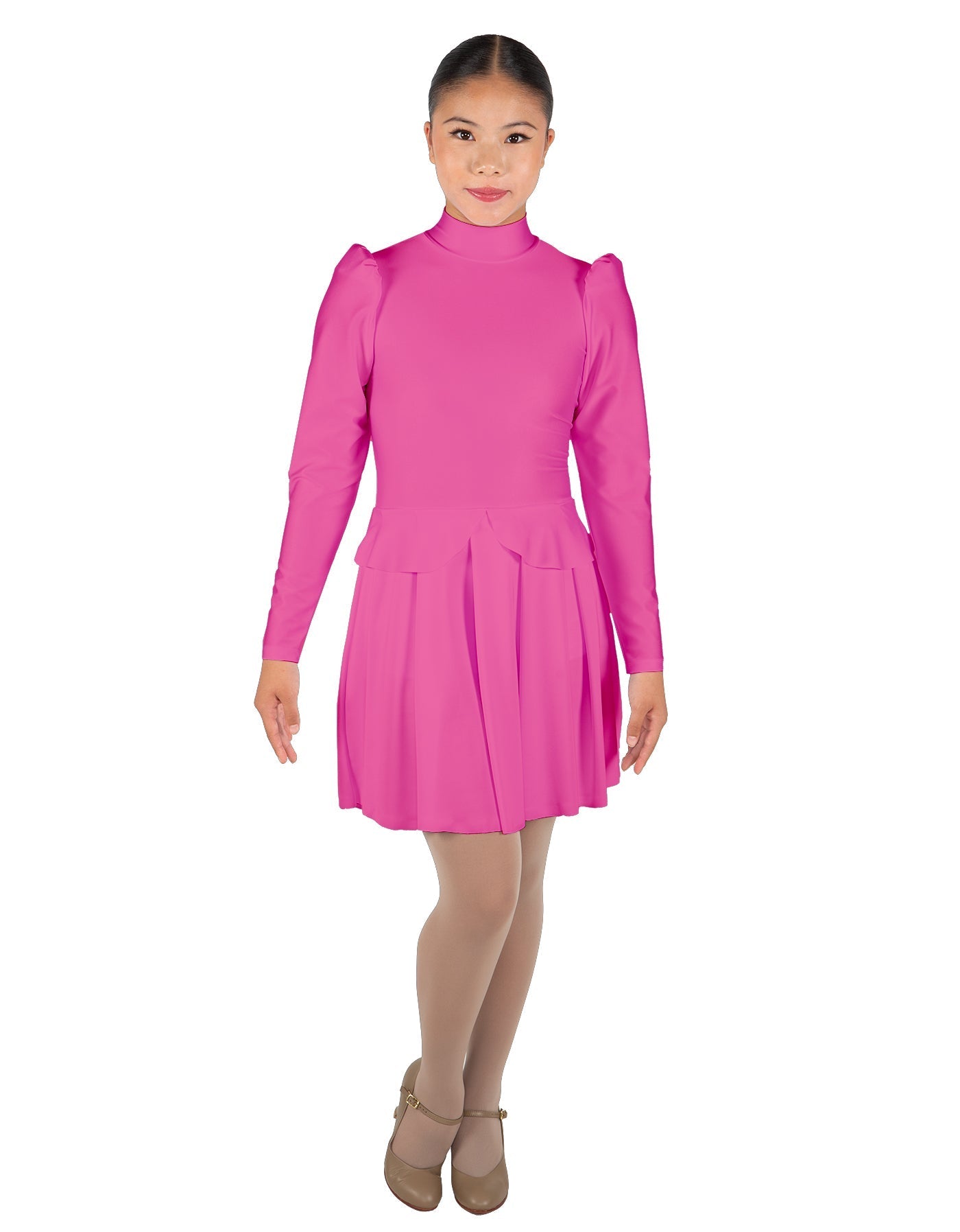 Solid Lycra LS TNeck Leotard with Attached Pleated Skirt and Peplum