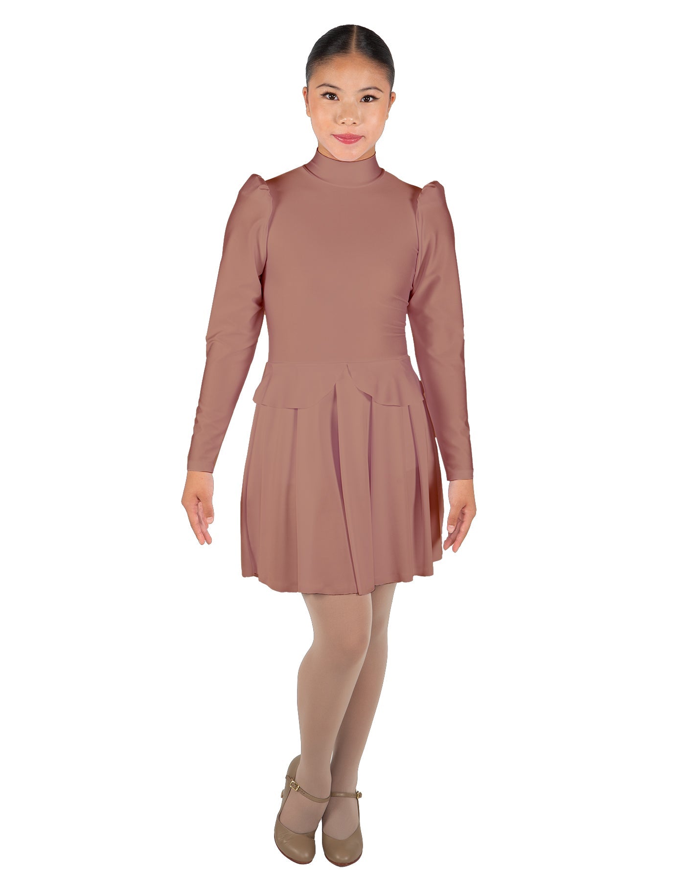 Solid Lycra LS TNeck Leotard with Attached Pleated Skirt and Peplum