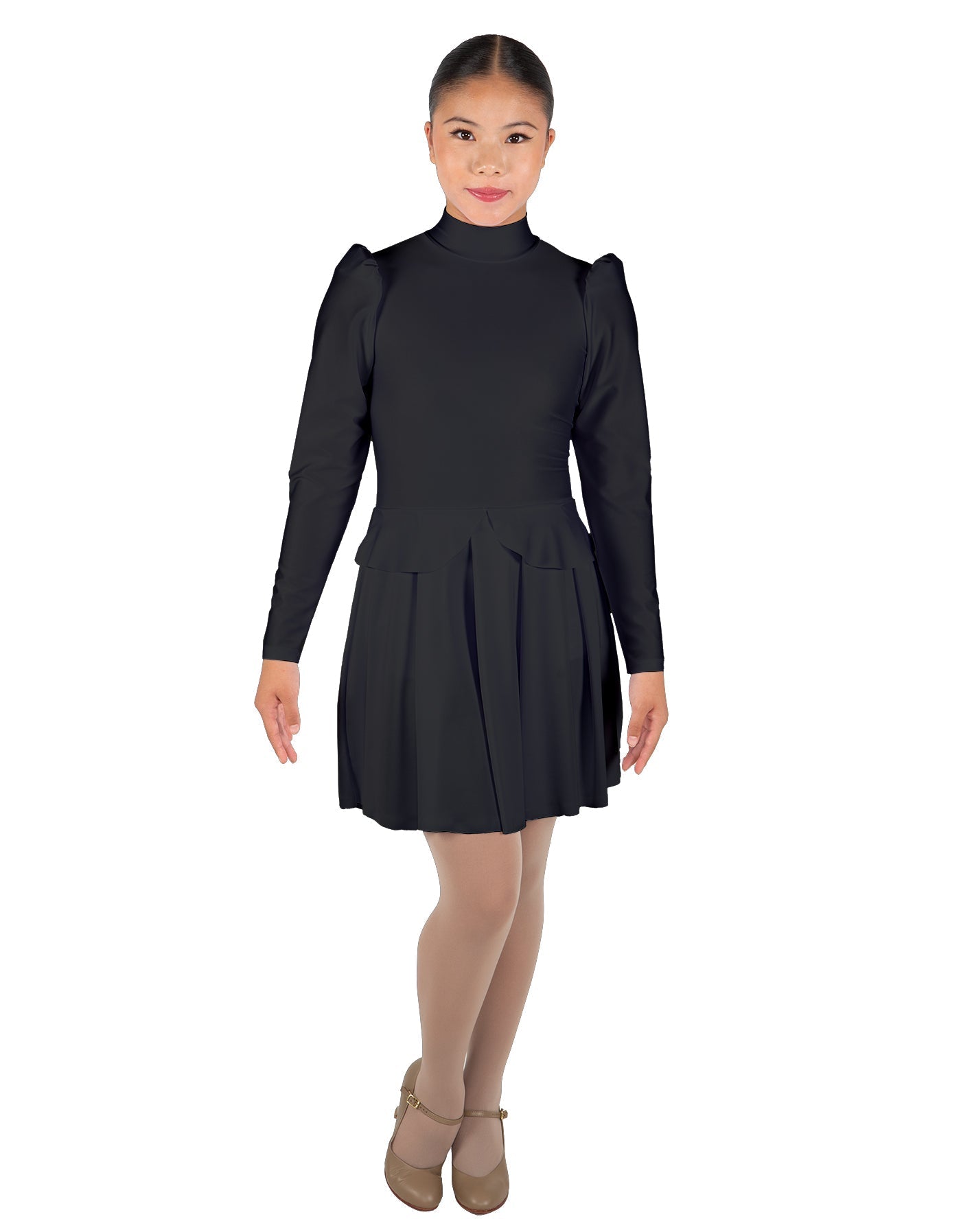 Solid Lycra LS TNeck Leotard with Attached Pleated Skirt and Peplum