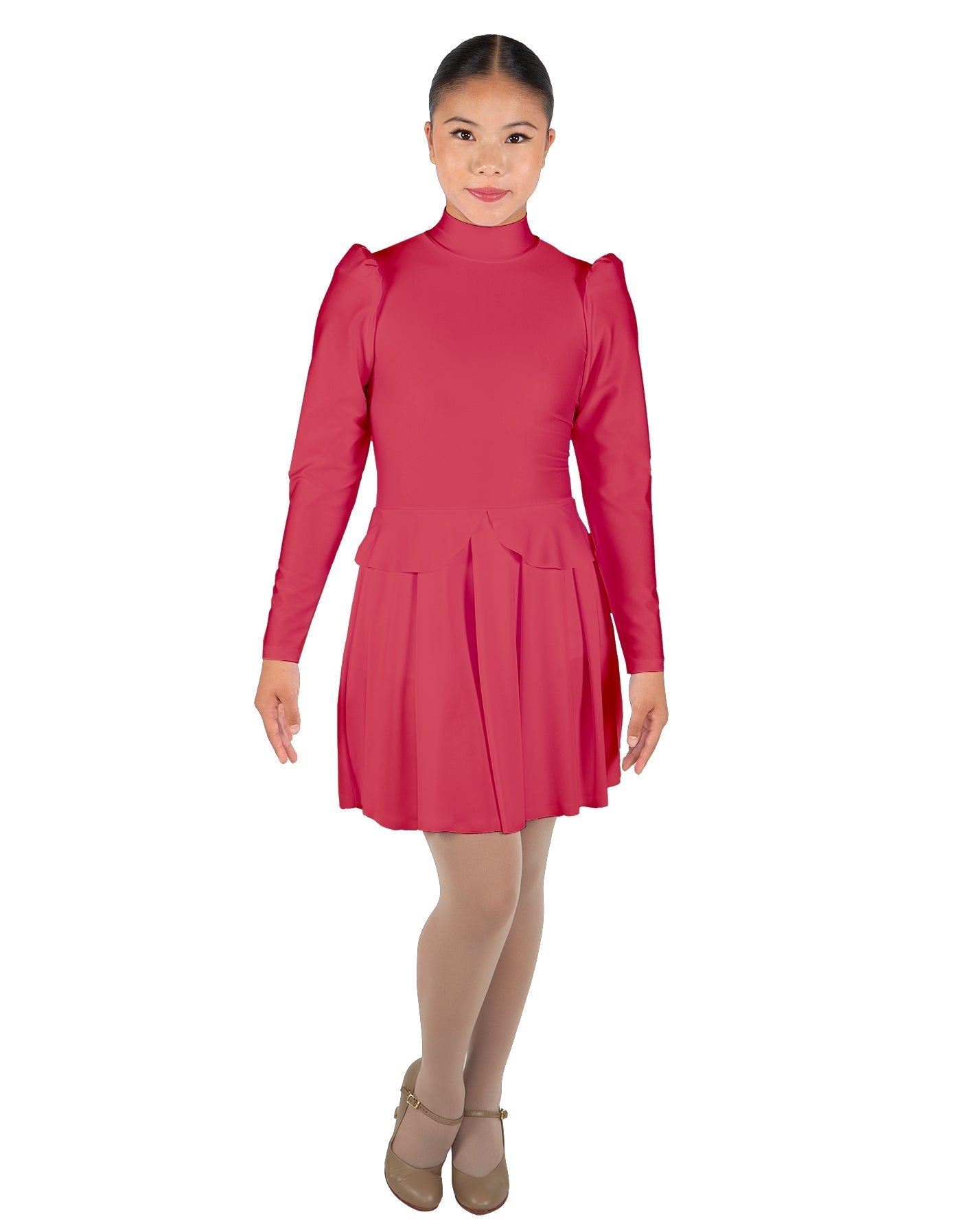 Solid Lycra LS TNeck Leotard with Attached Pleated Skirt and Peplum