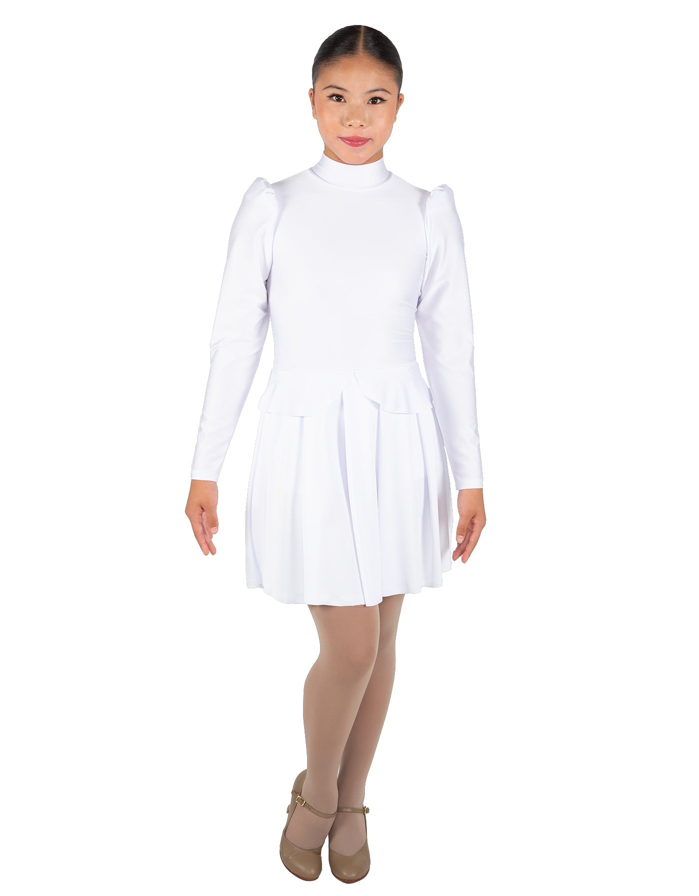 Solid Lycra LS TNeck Leotard with Attached Pleated Skirt and Peplum