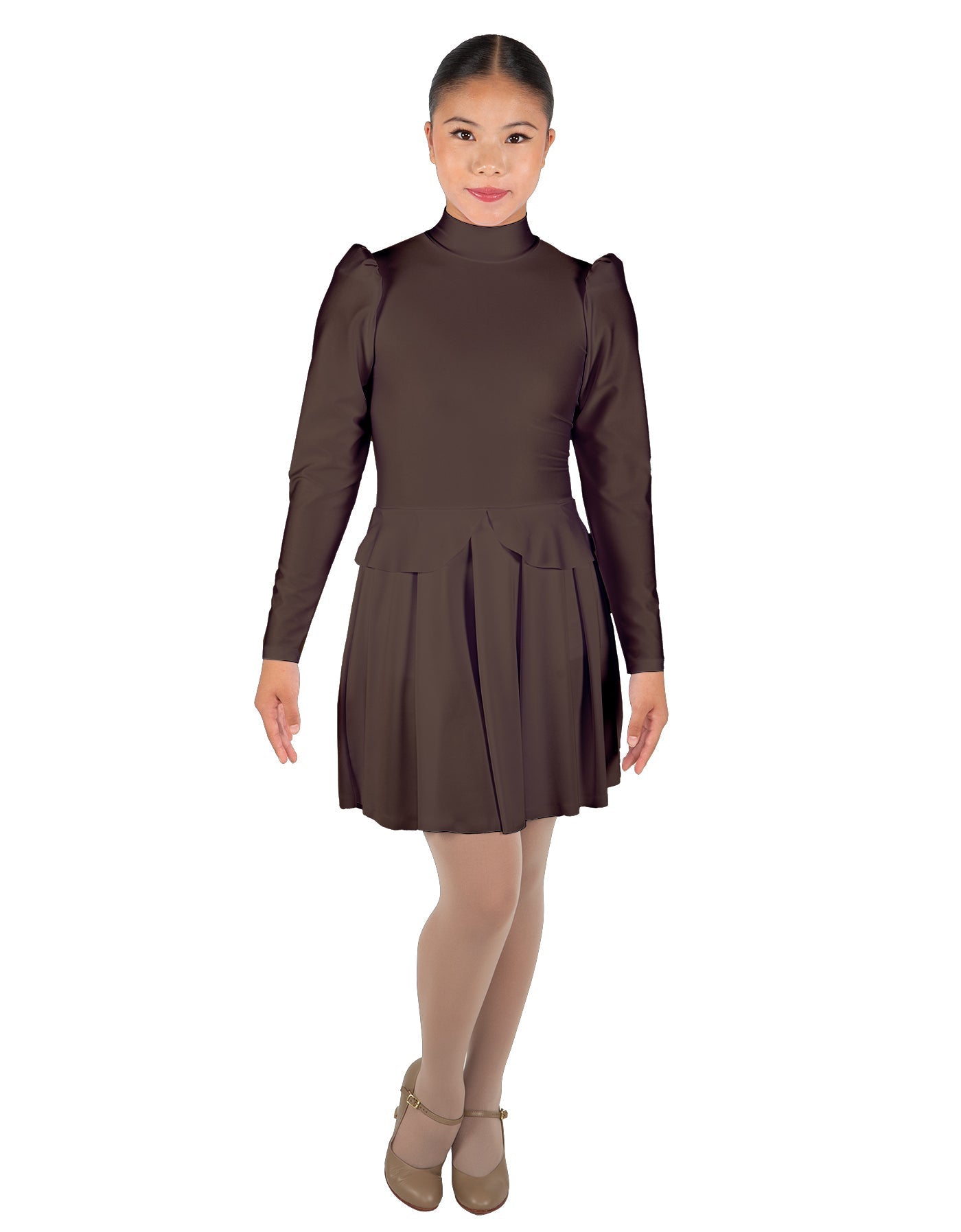Solid Lycra LS TNeck Leotard with Attached Pleated Skirt and Peplum