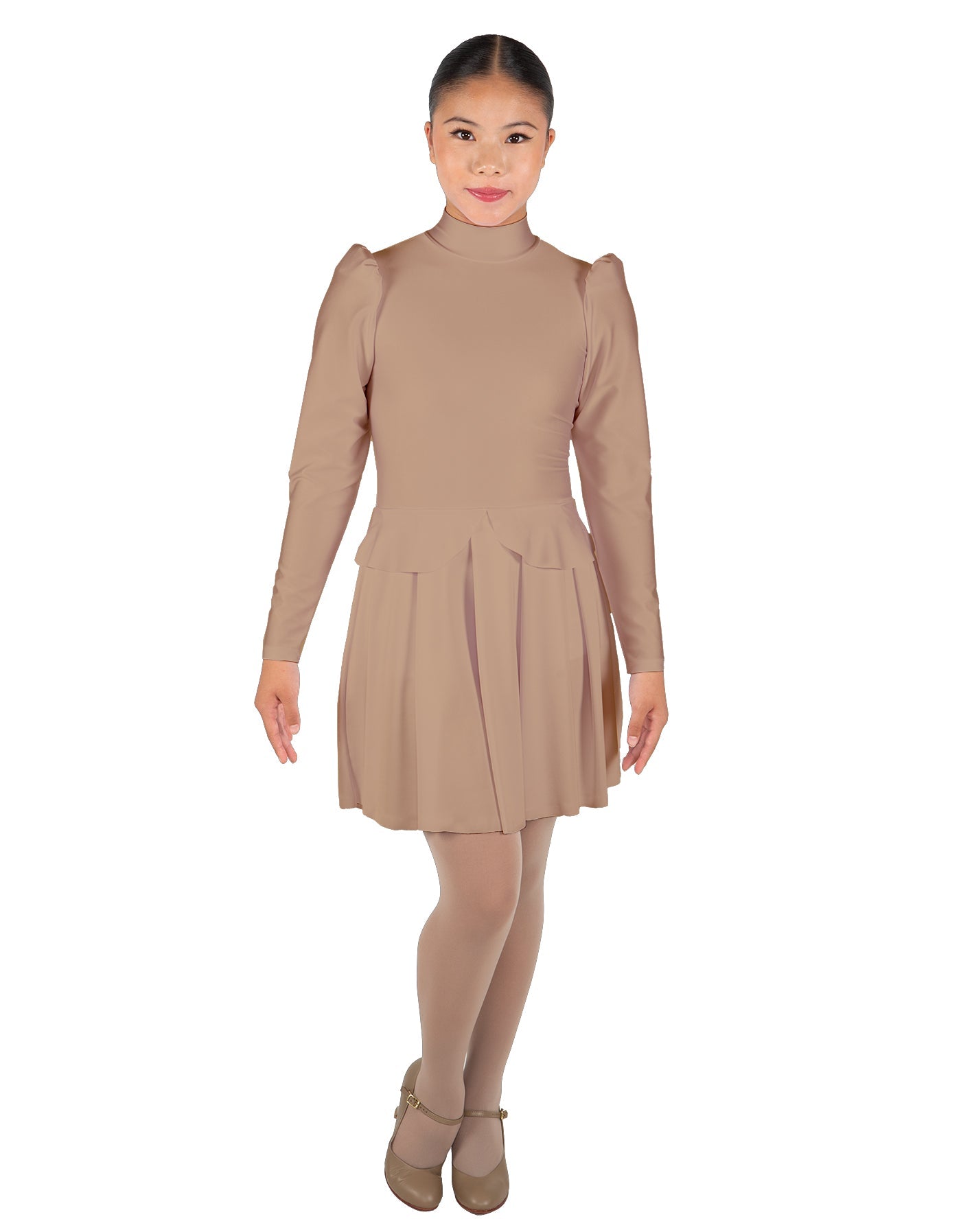 Solid Lycra LS TNeck Leotard with Attached Pleated Skirt and Peplum