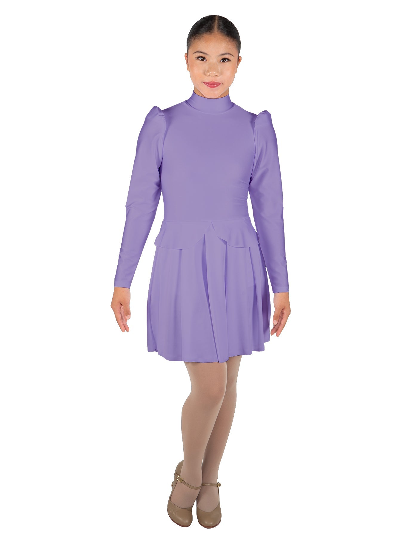 Solid Lycra LS TNeck Leotard with Attached Pleated Skirt and Peplum