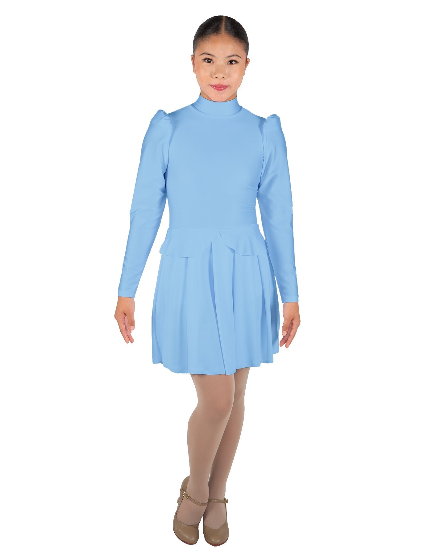 Solid Lycra LS TNeck Leotard with Attached Pleated Skirt and Peplum