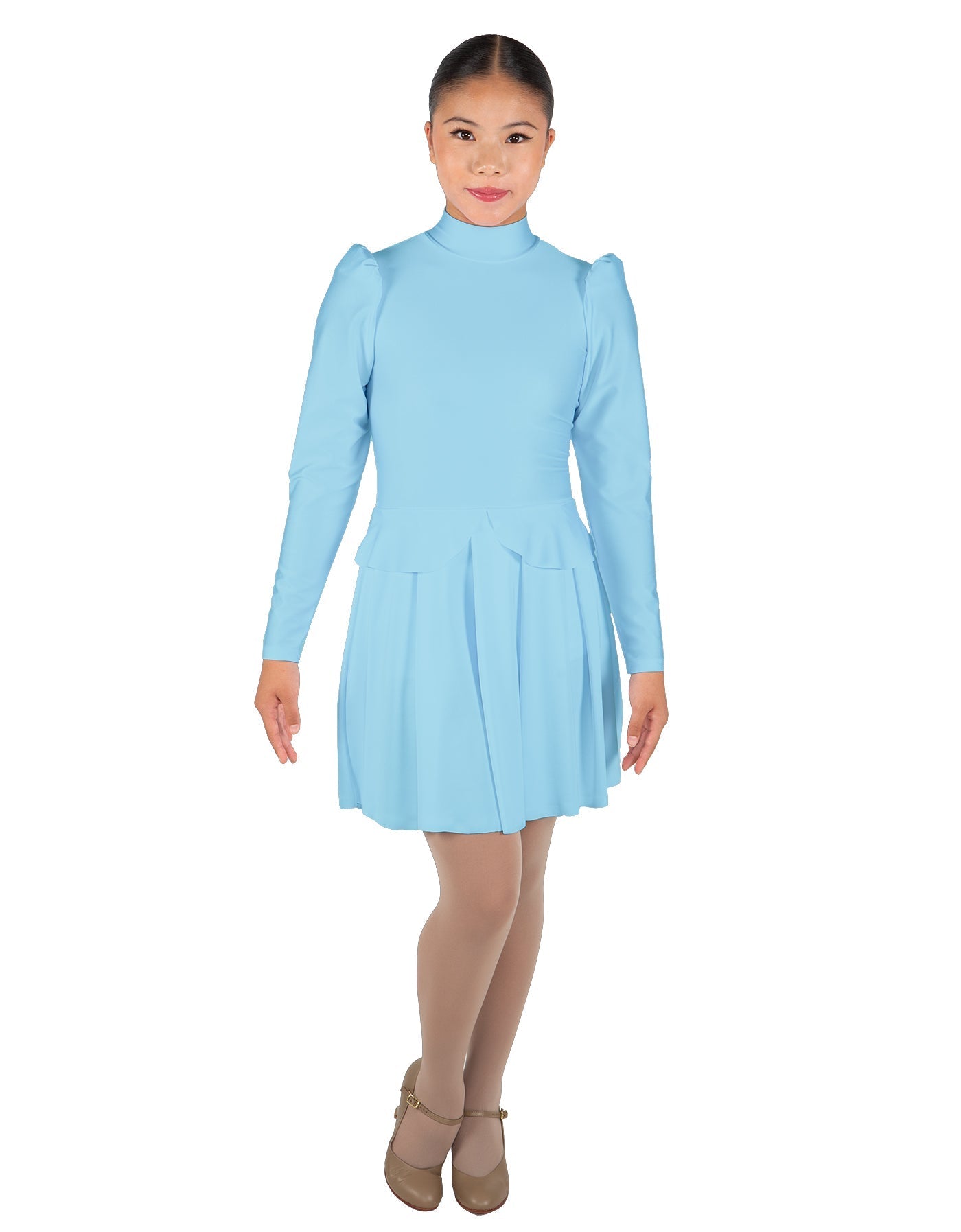 Solid Lycra LS TNeck Leotard with Attached Pleated Skirt and Peplum