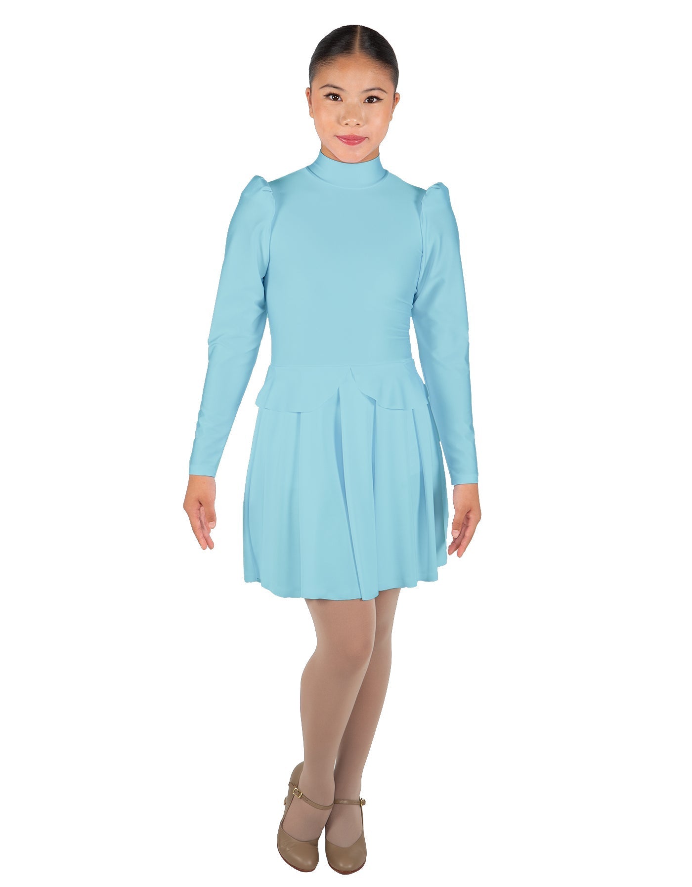 Solid Lycra LS TNeck Leotard with Attached Pleated Skirt and Peplum