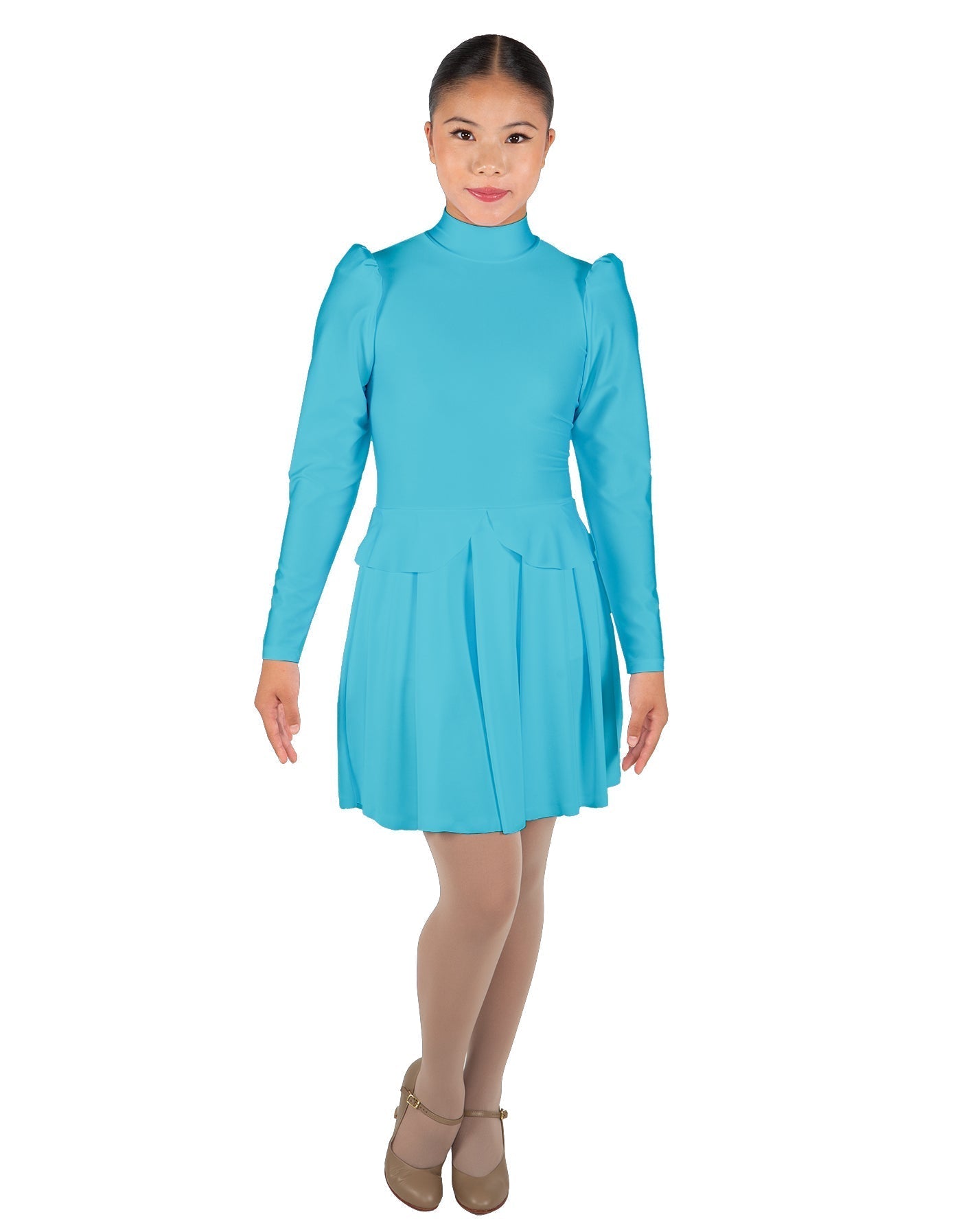 Solid Lycra LS TNeck Leotard with Attached Pleated Skirt and Peplum