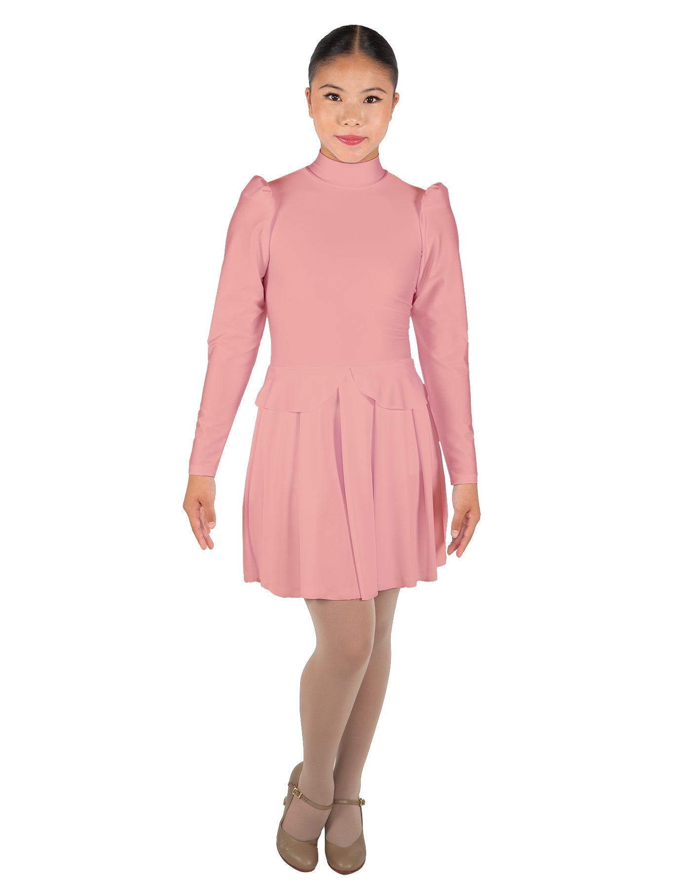 Solid Lycra LS TNeck Leotard with Attached Pleated Skirt and Peplum