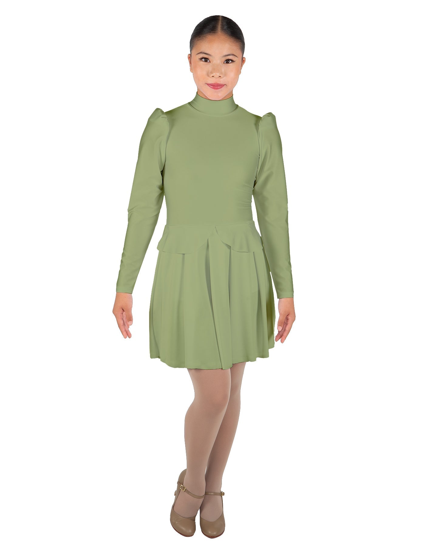 Solid Lycra LS TNeck Leotard with Attached Pleated Skirt and Peplum
