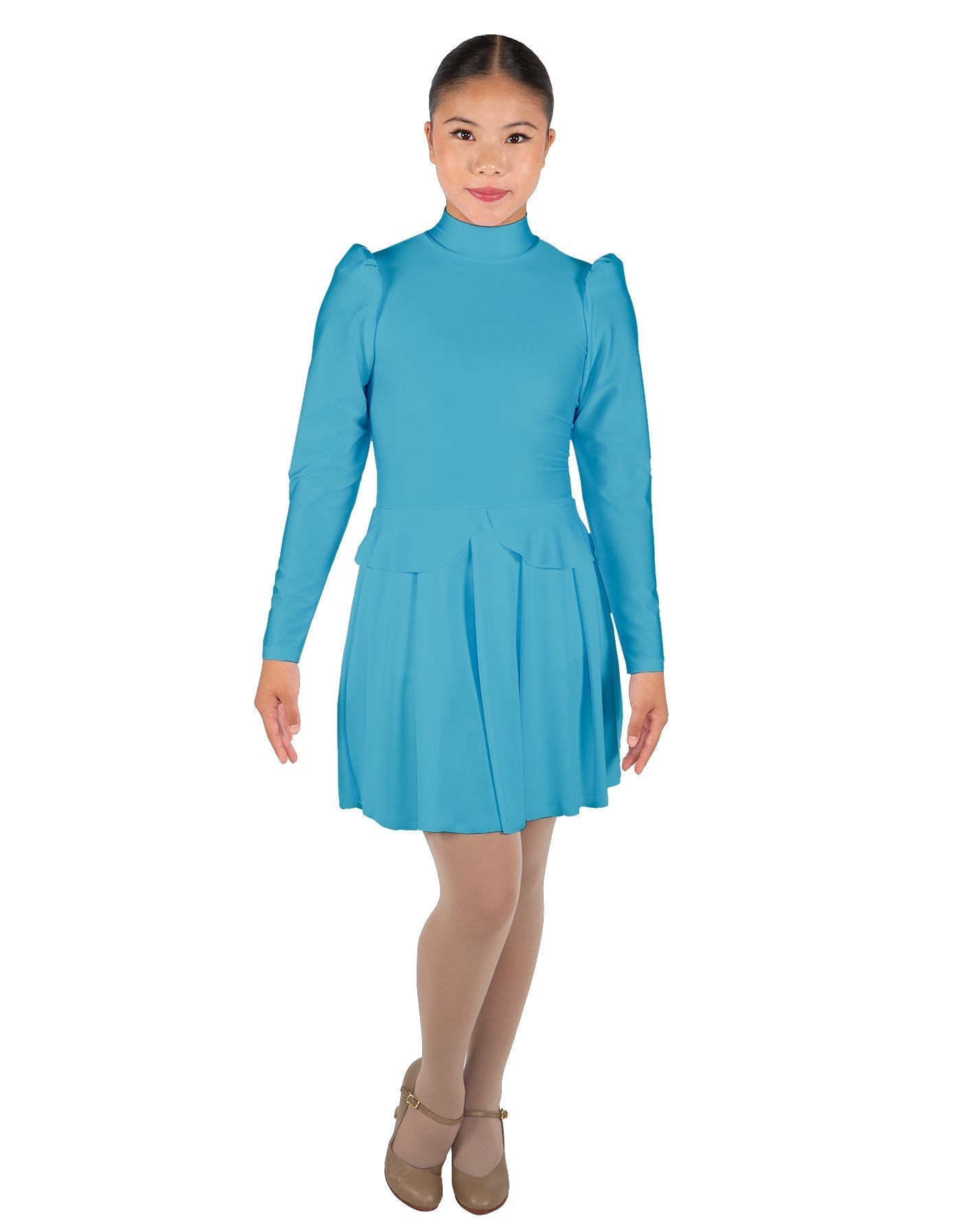 Solid Lycra LS TNeck Leotard with Attached Pleated Skirt and Peplum