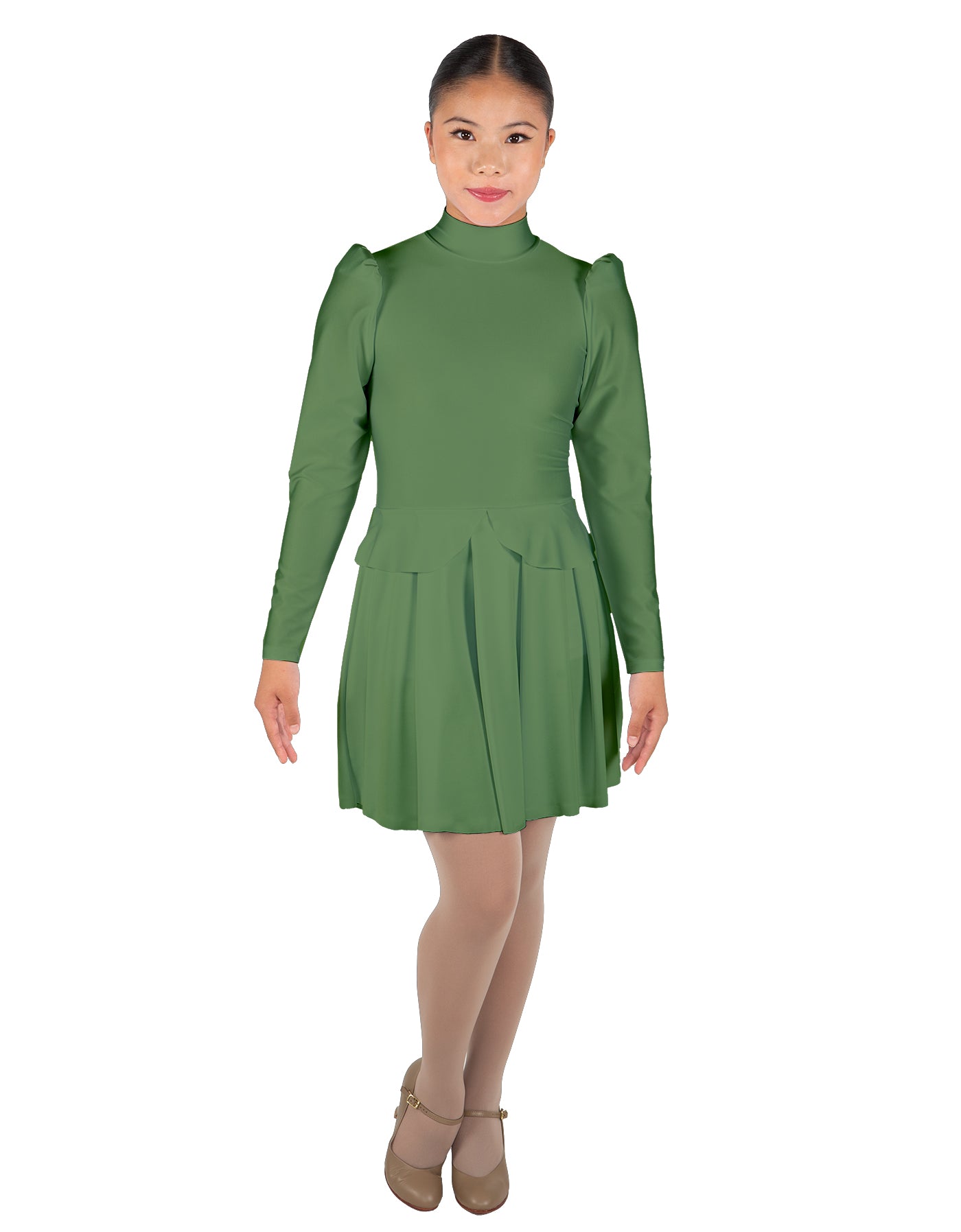 Solid Lycra LS TNeck Leotard with Attached Pleated Skirt and Peplum