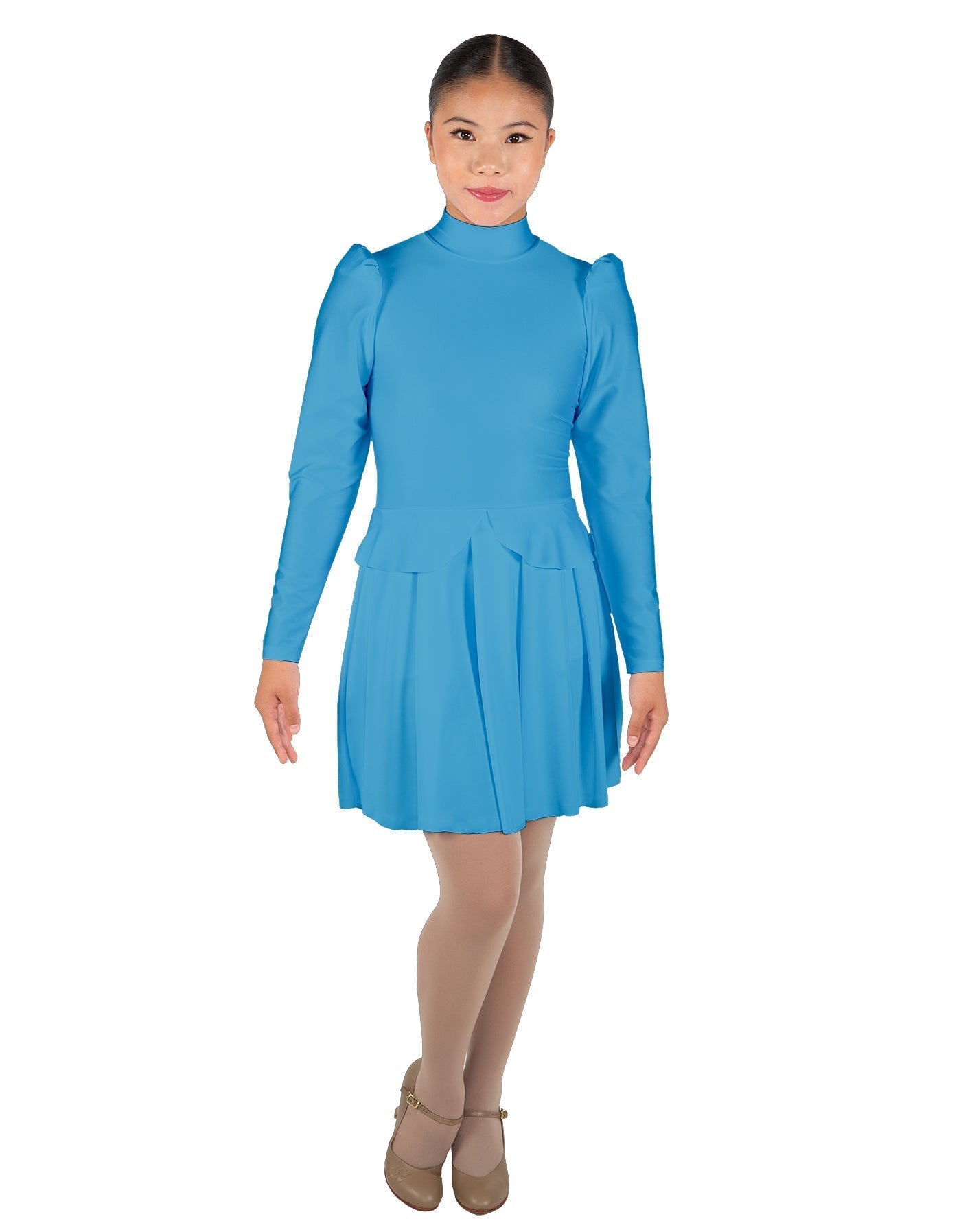 Solid Lycra LS TNeck Leotard with Attached Pleated Skirt and Peplum