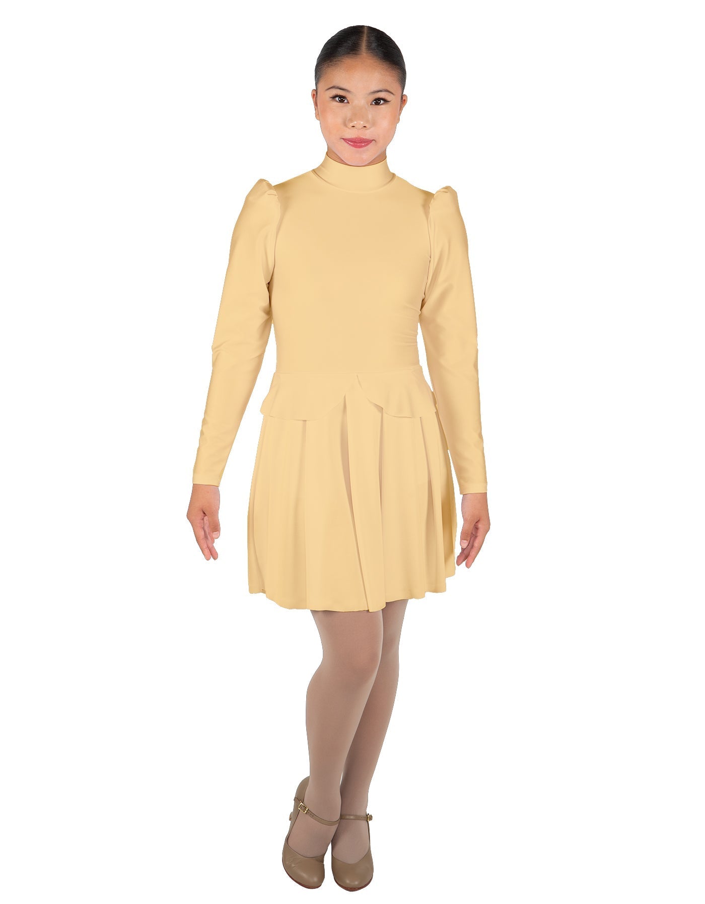 Solid Lycra LS TNeck Leotard with Attached Pleated Skirt and Peplum