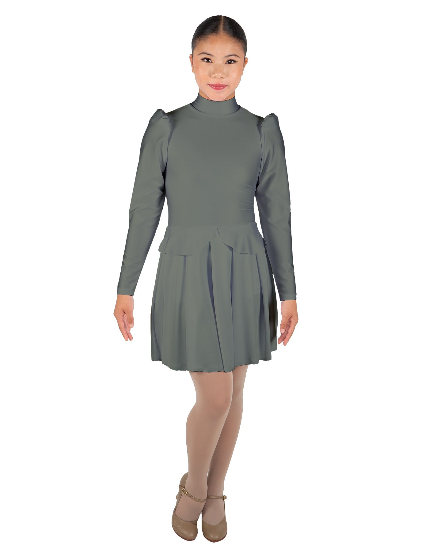 Solid Lycra LS TNeck Leotard with Attached Pleated Skirt and Peplum