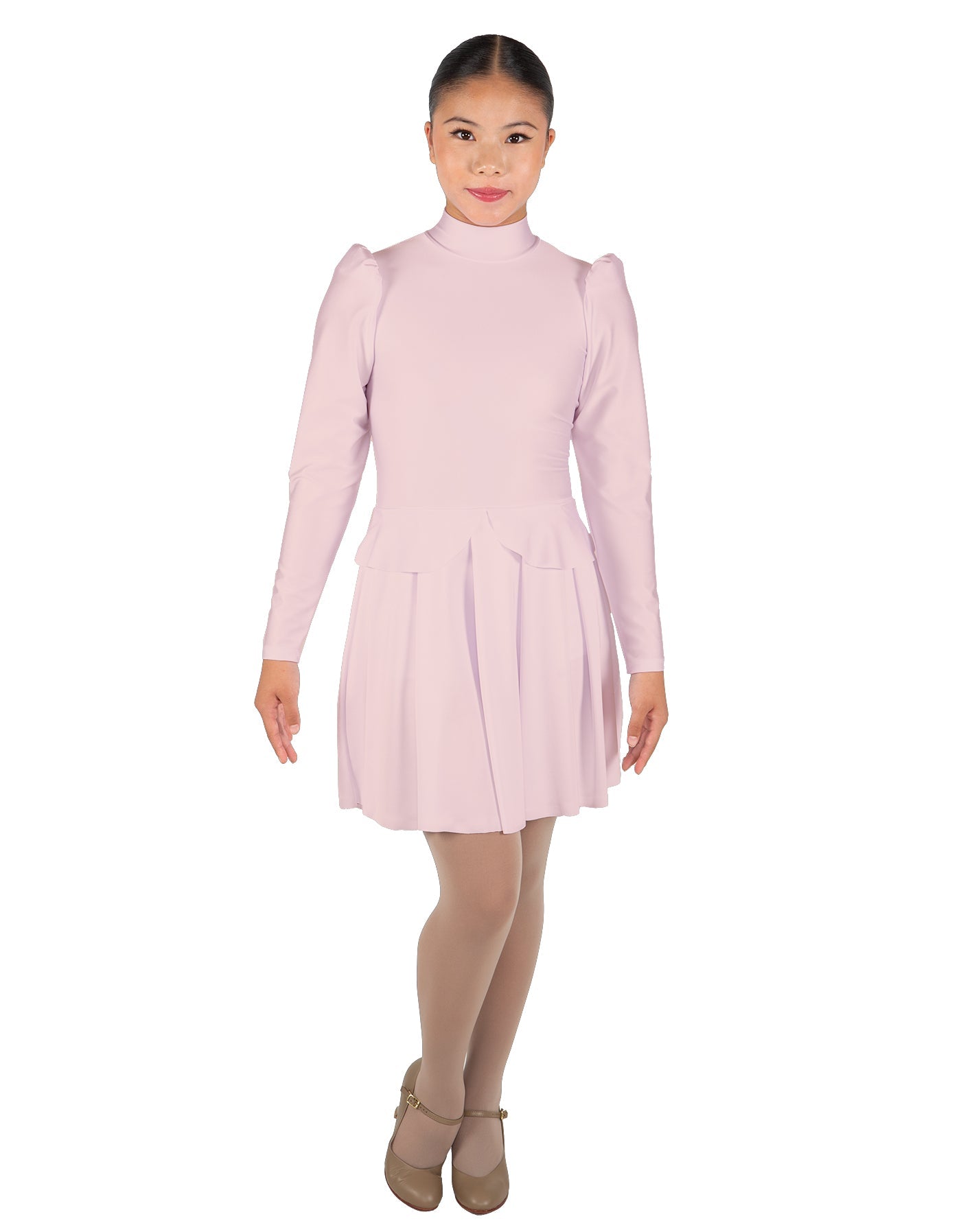 Solid Lycra LS TNeck Leotard with Attached Pleated Skirt and Peplum