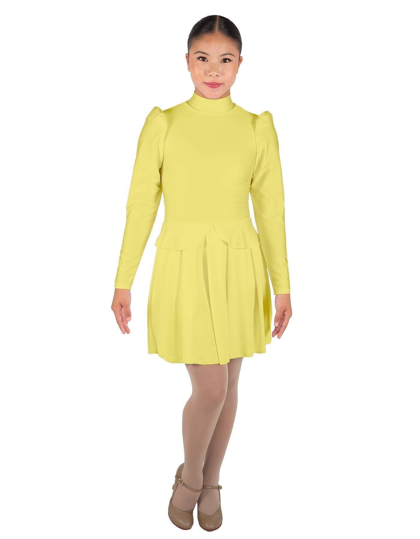 Solid Lycra LS TNeck Leotard with Attached Pleated Skirt and Peplum