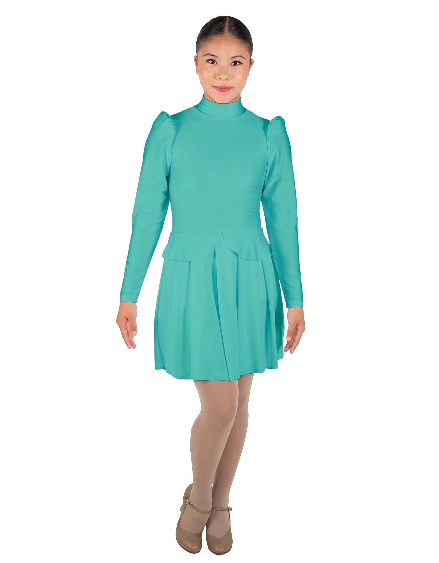 Solid Lycra LS TNeck Leotard with Attached Pleated Skirt and Peplum