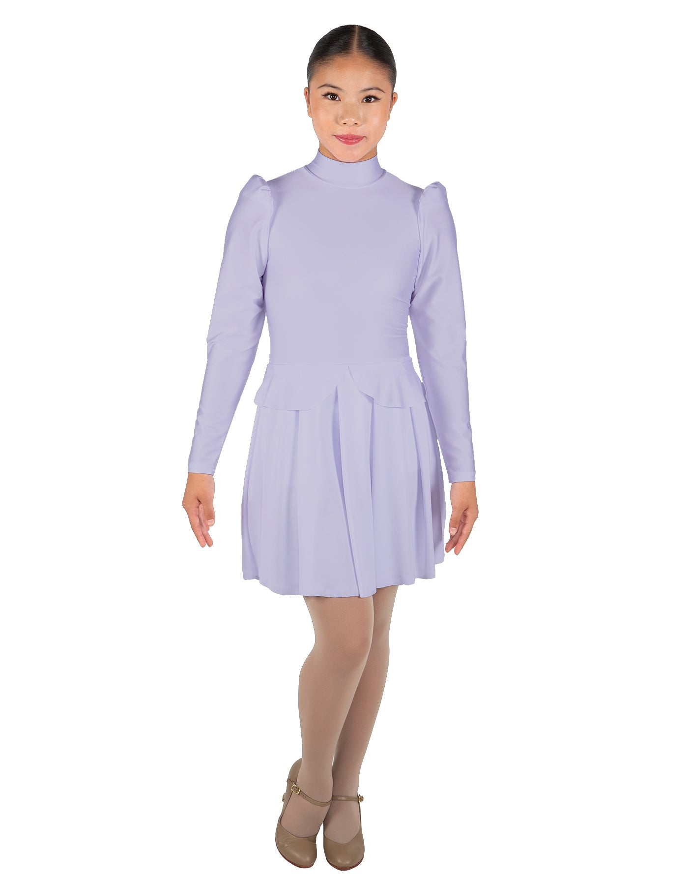 Solid Lycra LS TNeck Leotard with Attached Pleated Skirt and Peplum