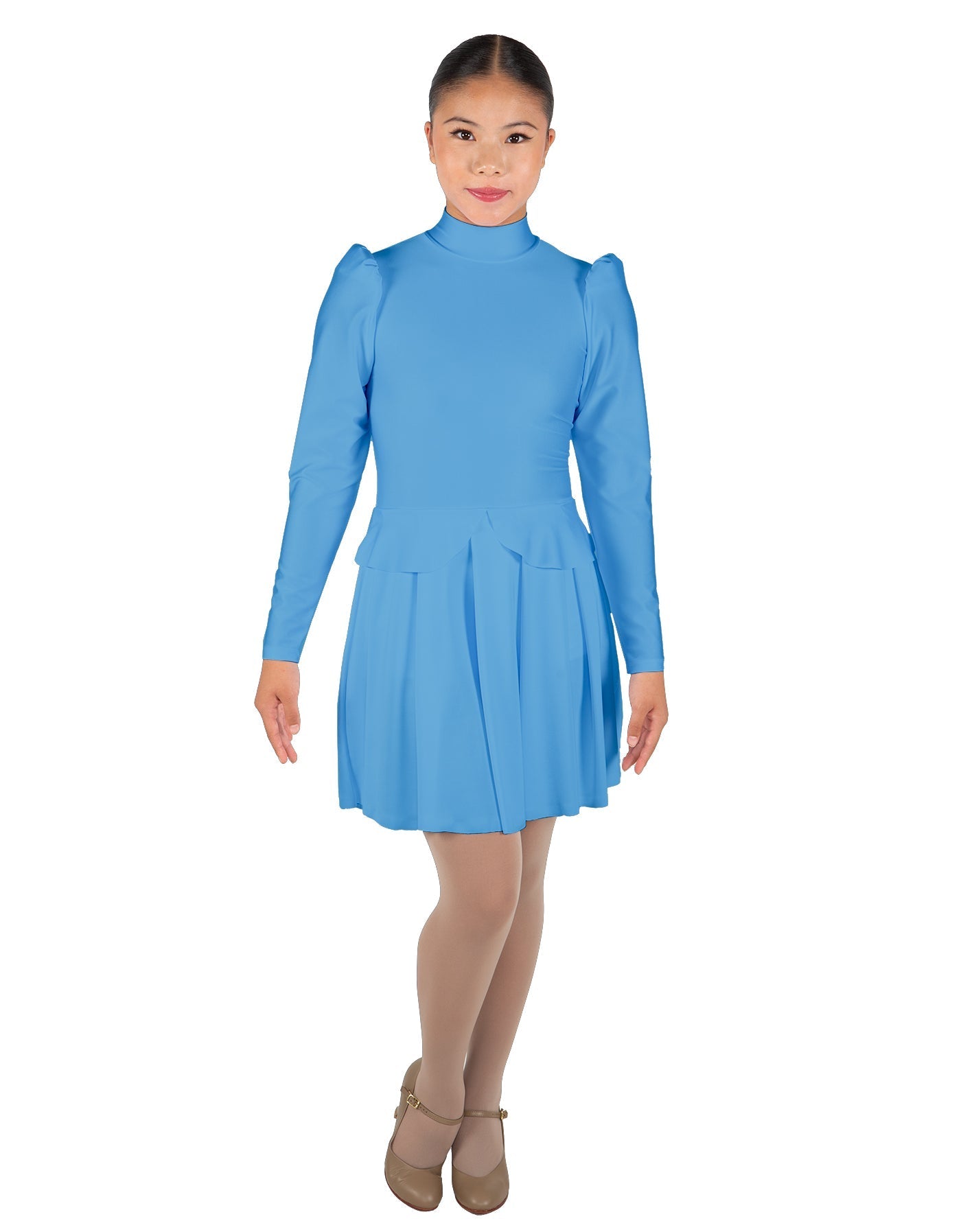 Solid Lycra LS TNeck Leotard with Attached Pleated Skirt and Peplum