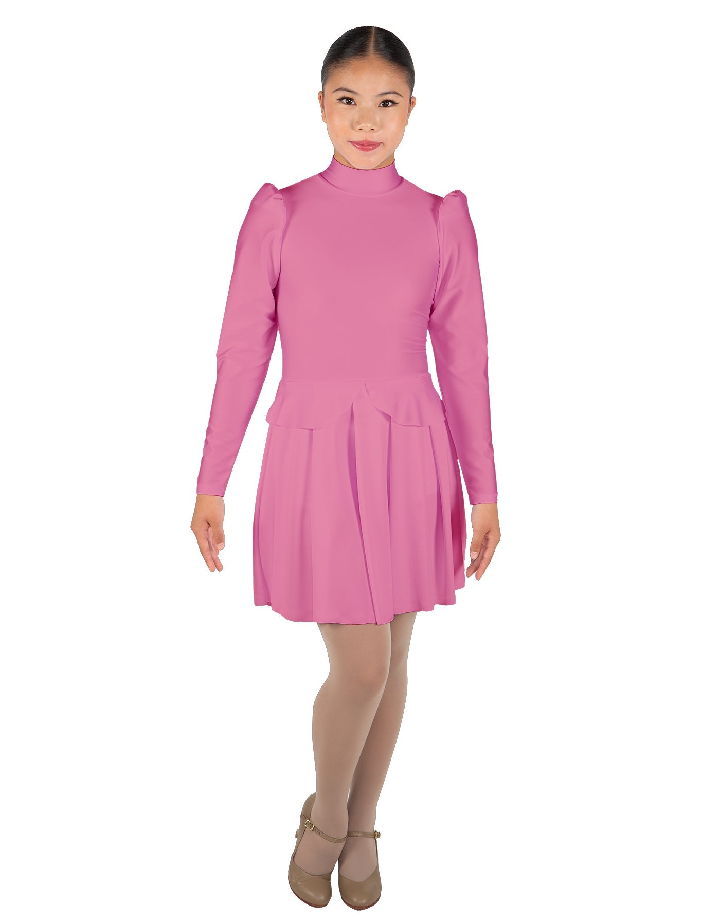 Solid Lycra LS TNeck Leotard with Attached Pleated Skirt and Peplum