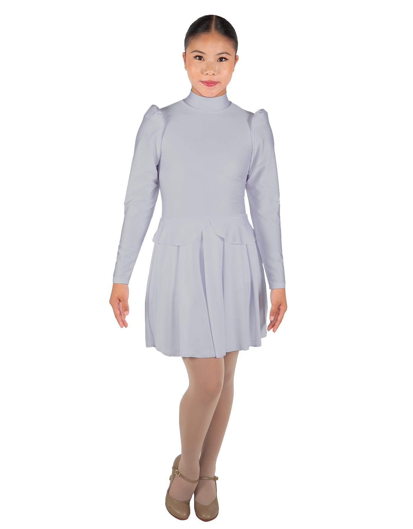 Solid Lycra LS TNeck Leotard with Attached Pleated Skirt and Peplum