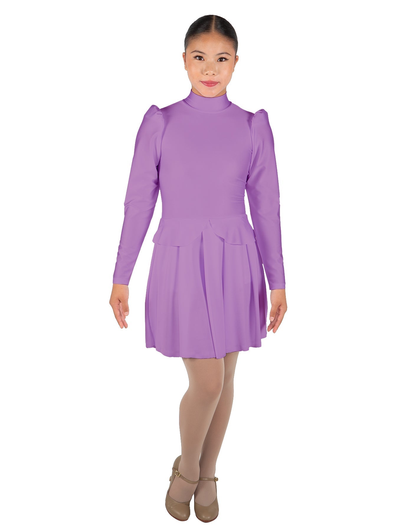 Solid Lycra LS TNeck Leotard with Attached Pleated Skirt and Peplum