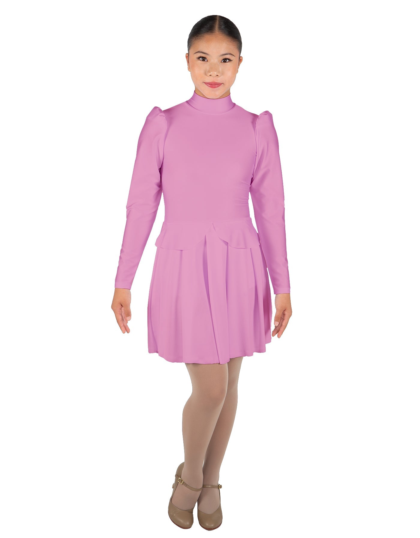 Solid Lycra LS TNeck Leotard with Attached Pleated Skirt and Peplum