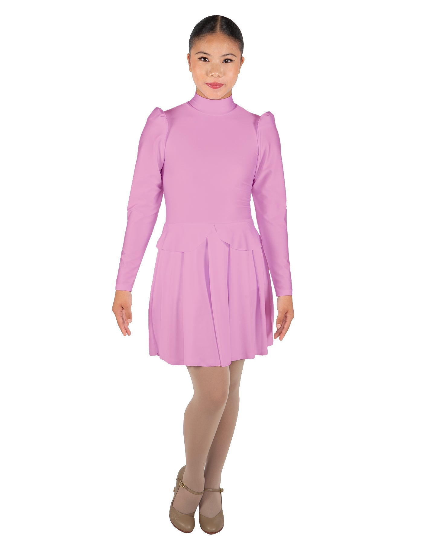 Solid Lycra LS TNeck Leotard with Attached Pleated Skirt and Peplum