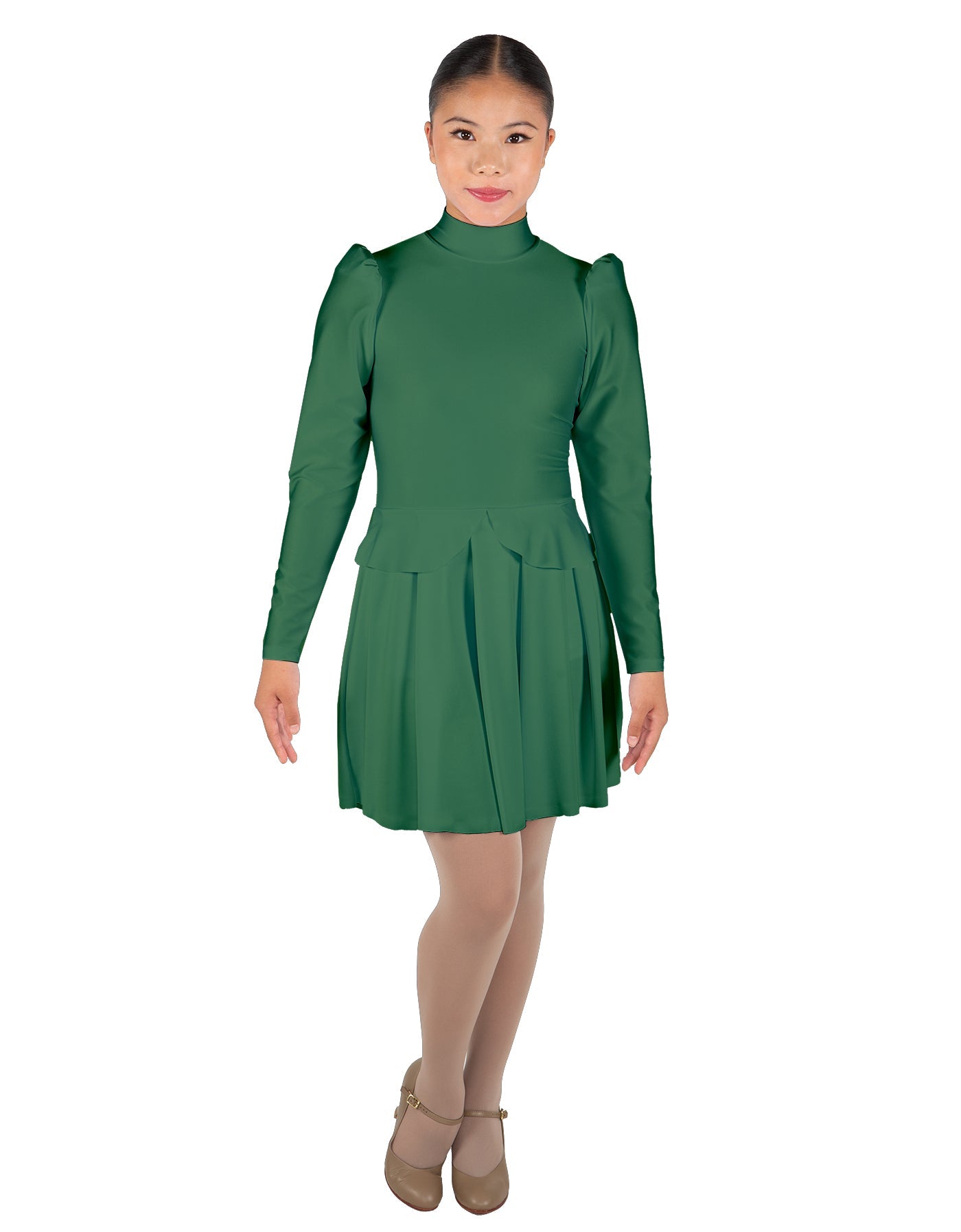 Solid Lycra LS TNeck Leotard with Attached Pleated Skirt and Peplum