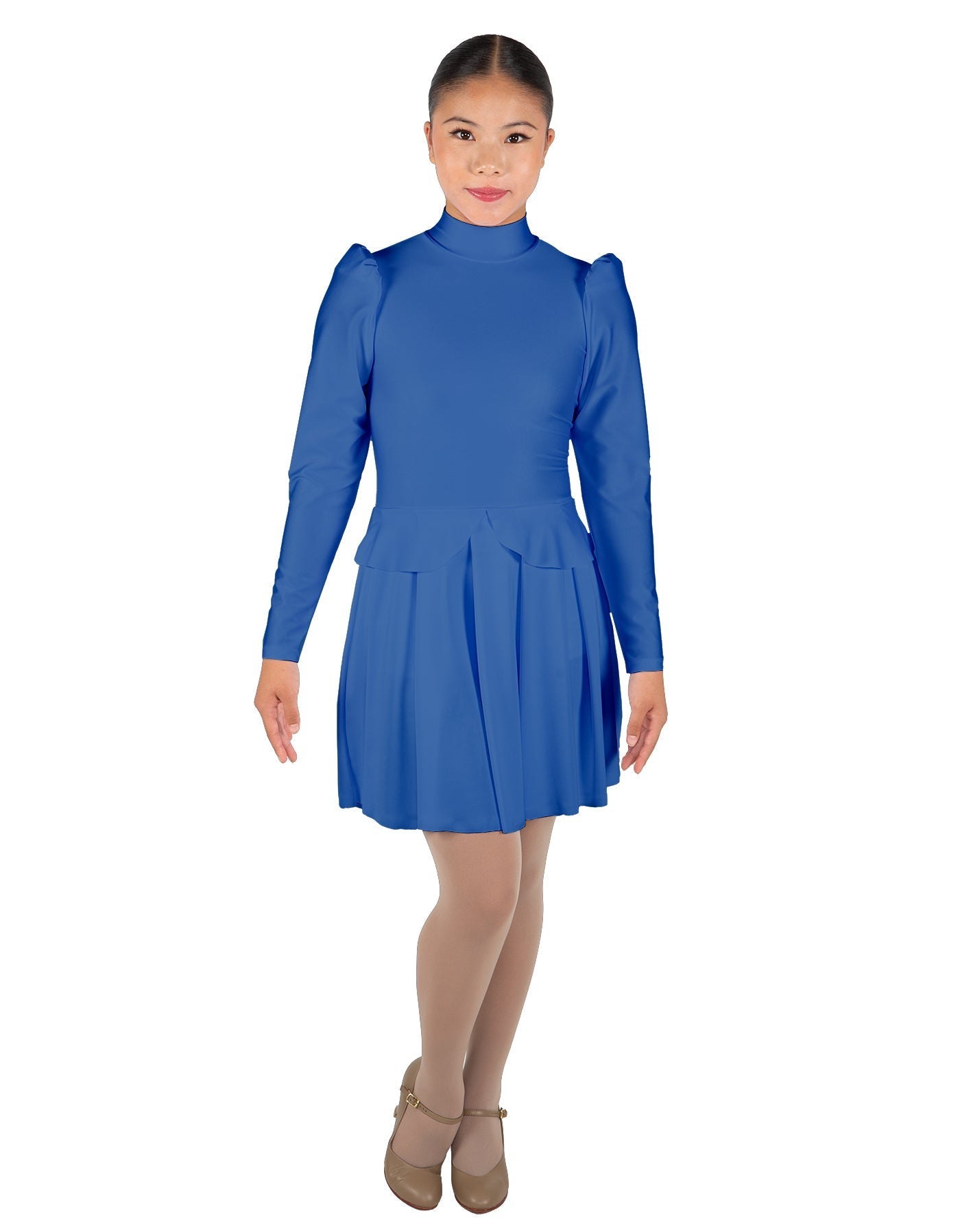 Solid Lycra LS TNeck Leotard with Attached Pleated Skirt and Peplum