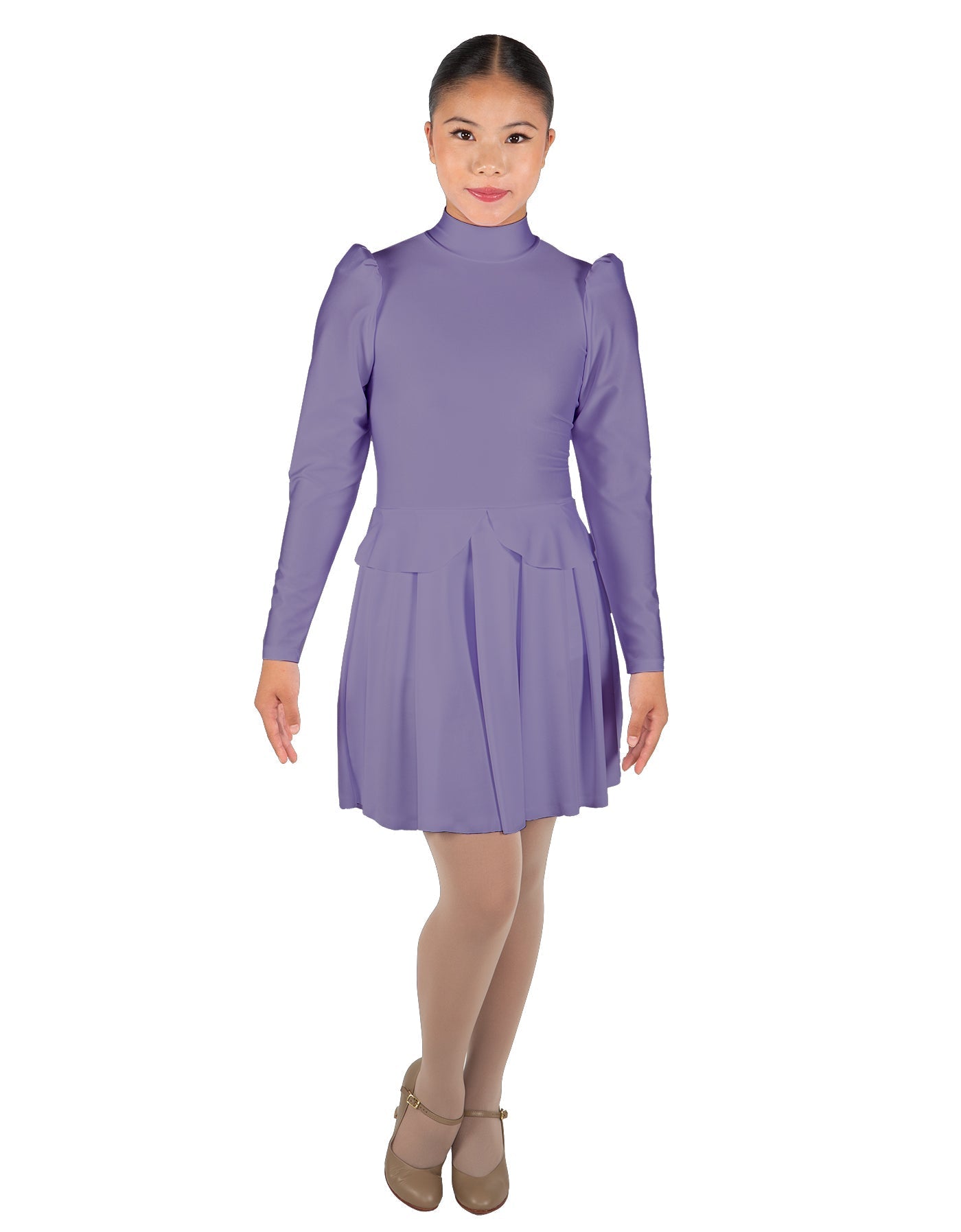 Solid Lycra LS TNeck Leotard with Attached Pleated Skirt and Peplum