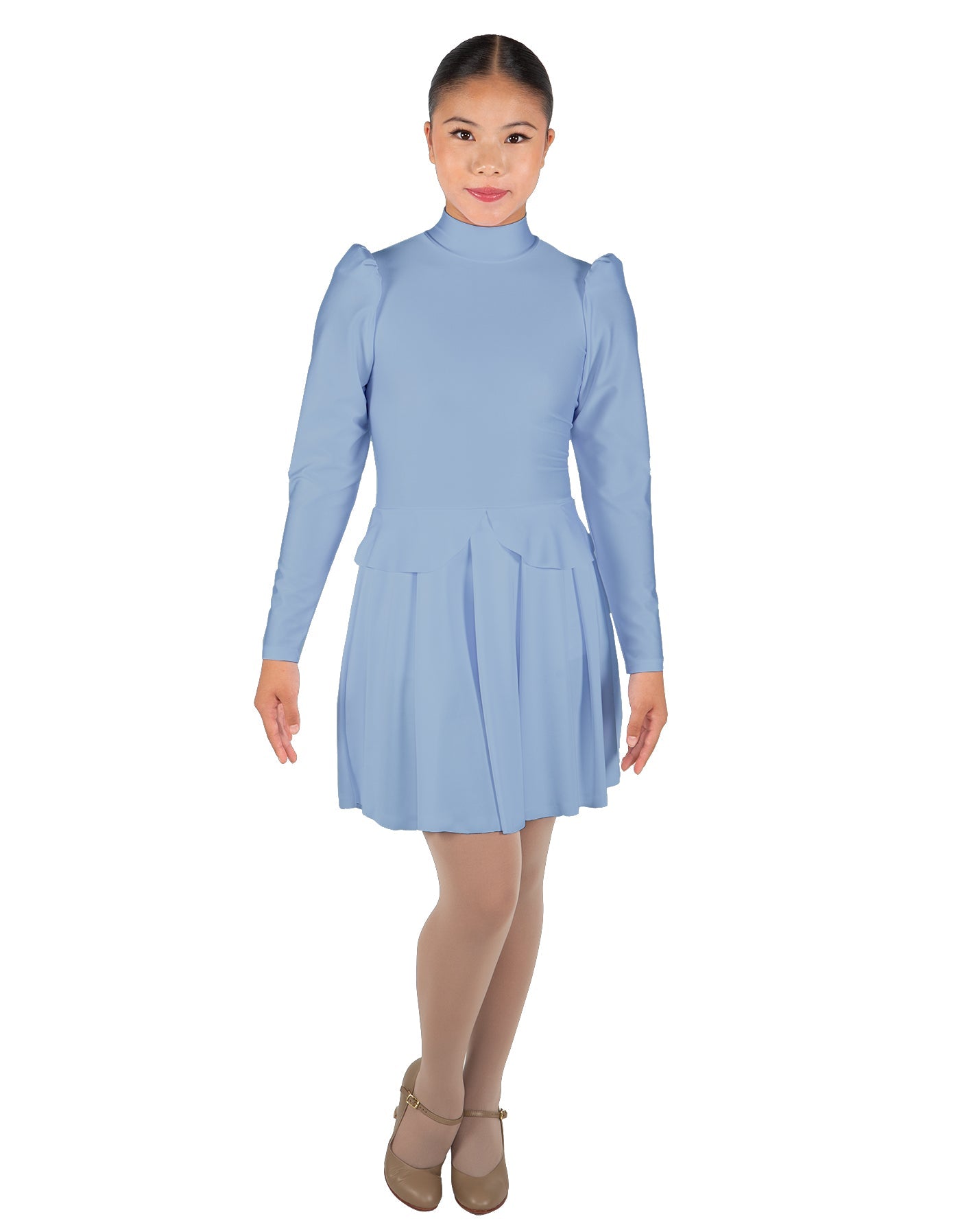 Solid Lycra LS TNeck Leotard with Attached Pleated Skirt and Peplum
