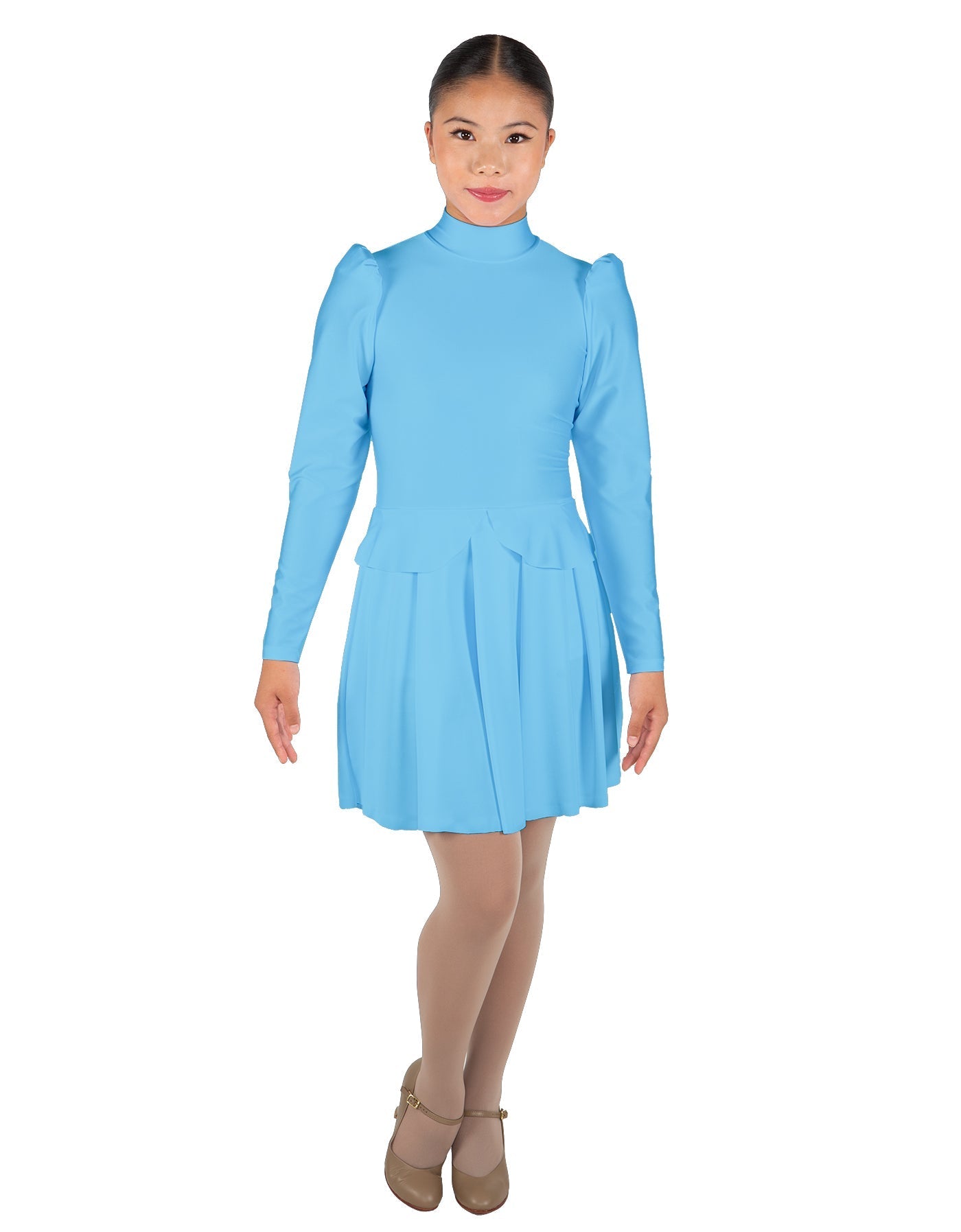 Solid Lycra LS TNeck Leotard with Attached Pleated Skirt and Peplum