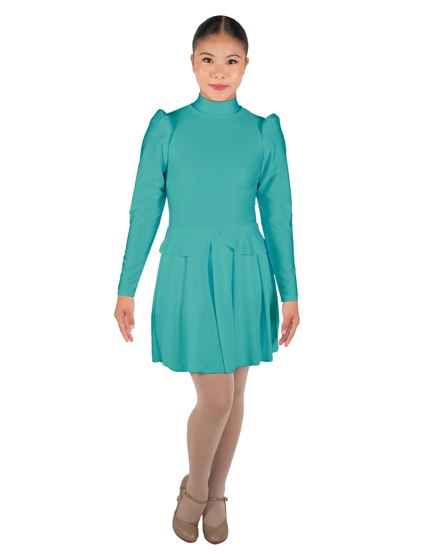 Solid Lycra LS TNeck Leotard with Attached Pleated Skirt and Peplum