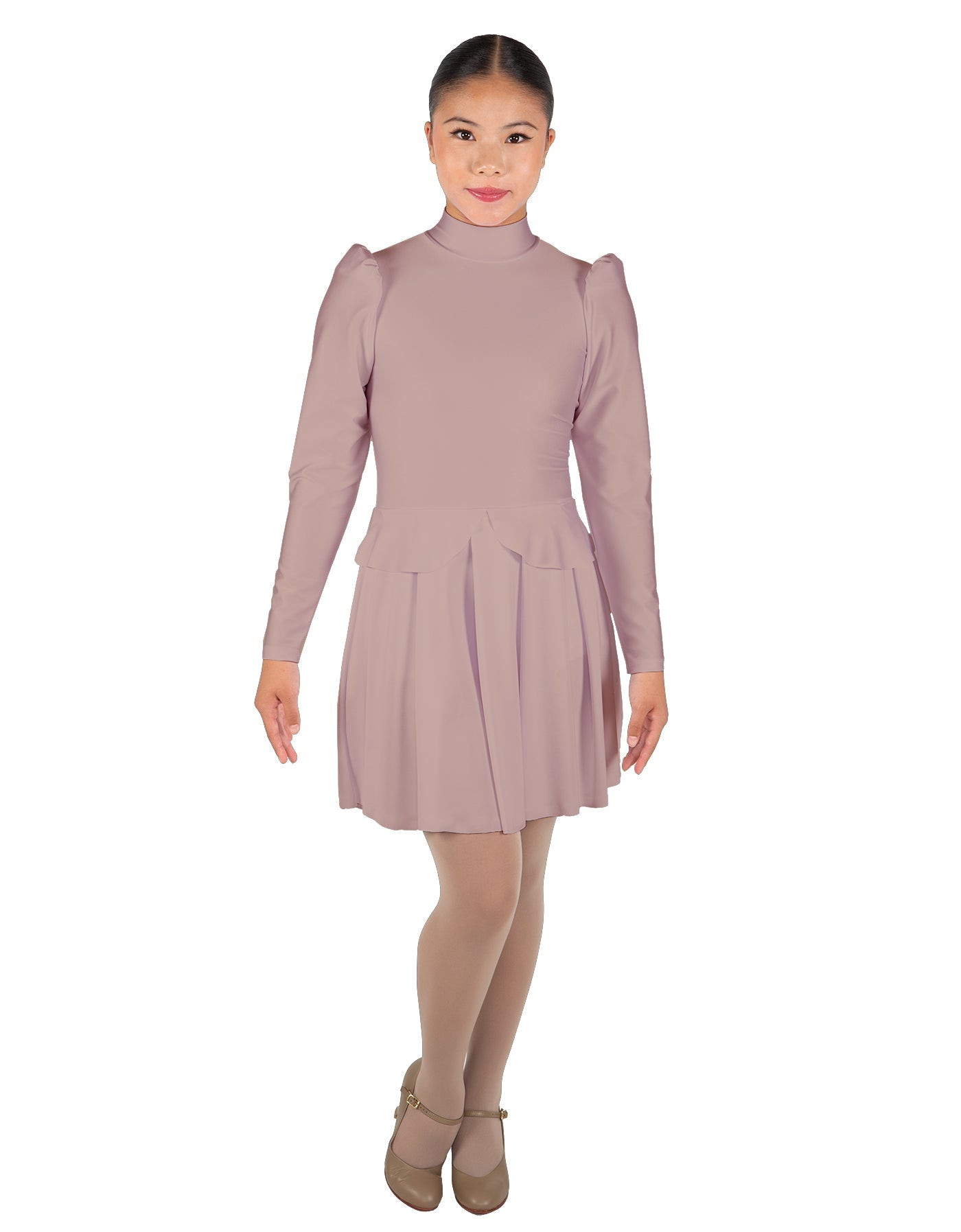 Solid Lycra LS TNeck Leotard with Attached Pleated Skirt and Peplum