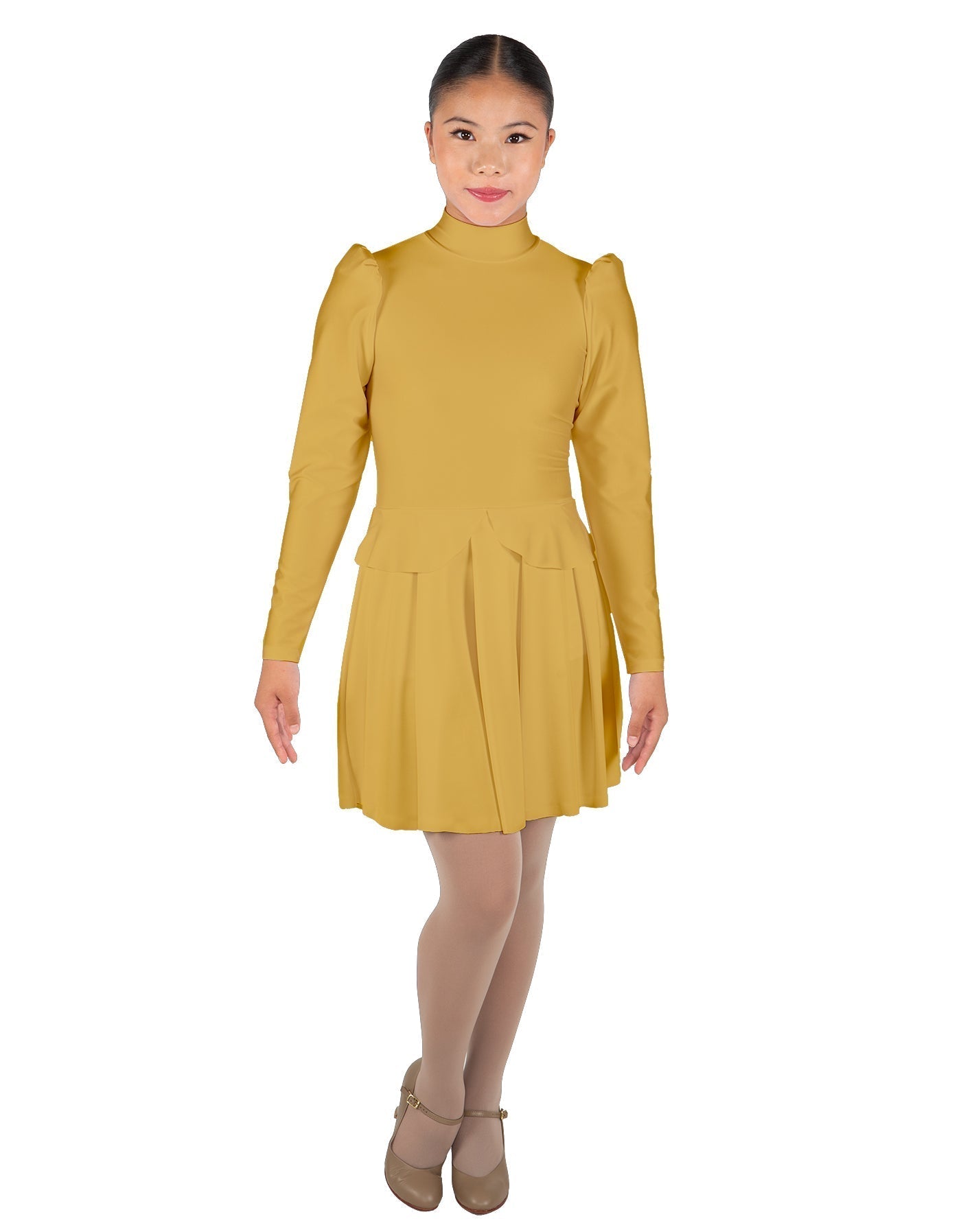 Solid Lycra LS TNeck Leotard with Attached Pleated Skirt and Peplum