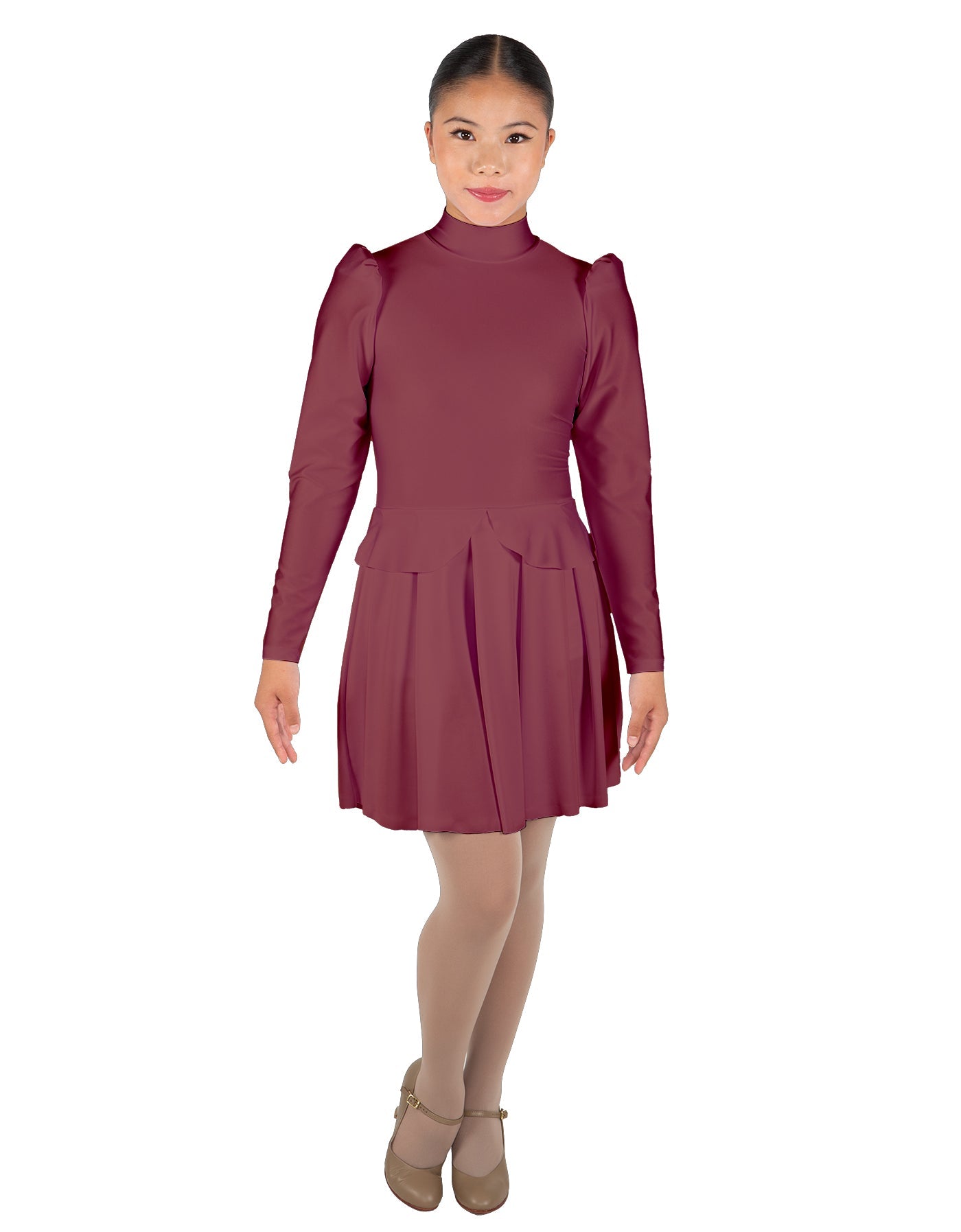 Solid Lycra LS TNeck Leotard with Attached Pleated Skirt and Peplum