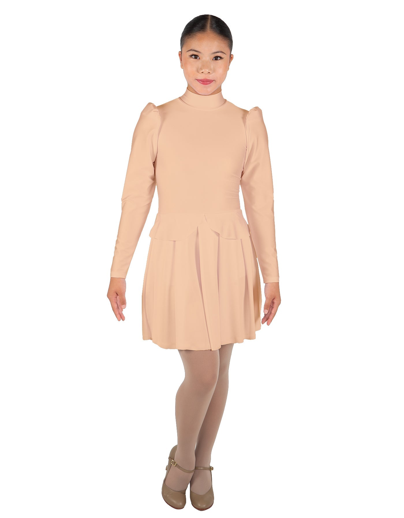 Solid Lycra LS TNeck Leotard with Attached Pleated Skirt and Peplum
