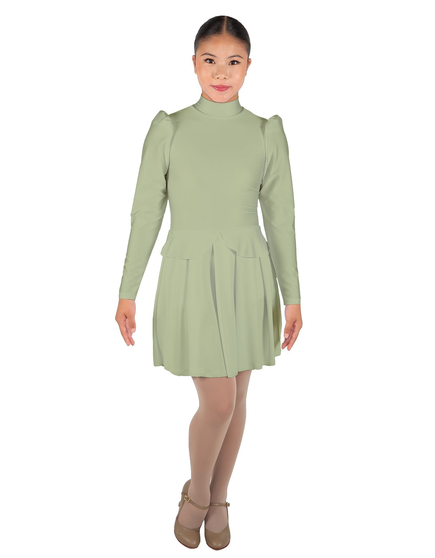 Solid Lycra LS TNeck Leotard with Attached Pleated Skirt and Peplum