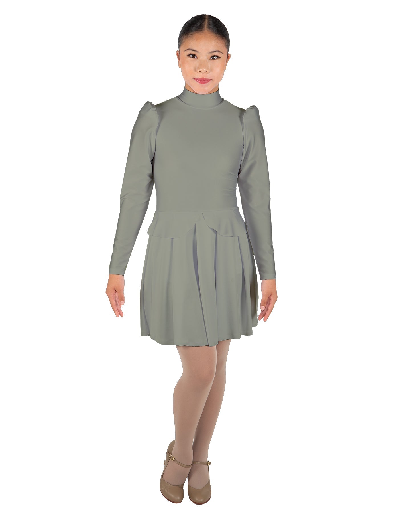 Solid Lycra LS TNeck Leotard with Attached Pleated Skirt and Peplum